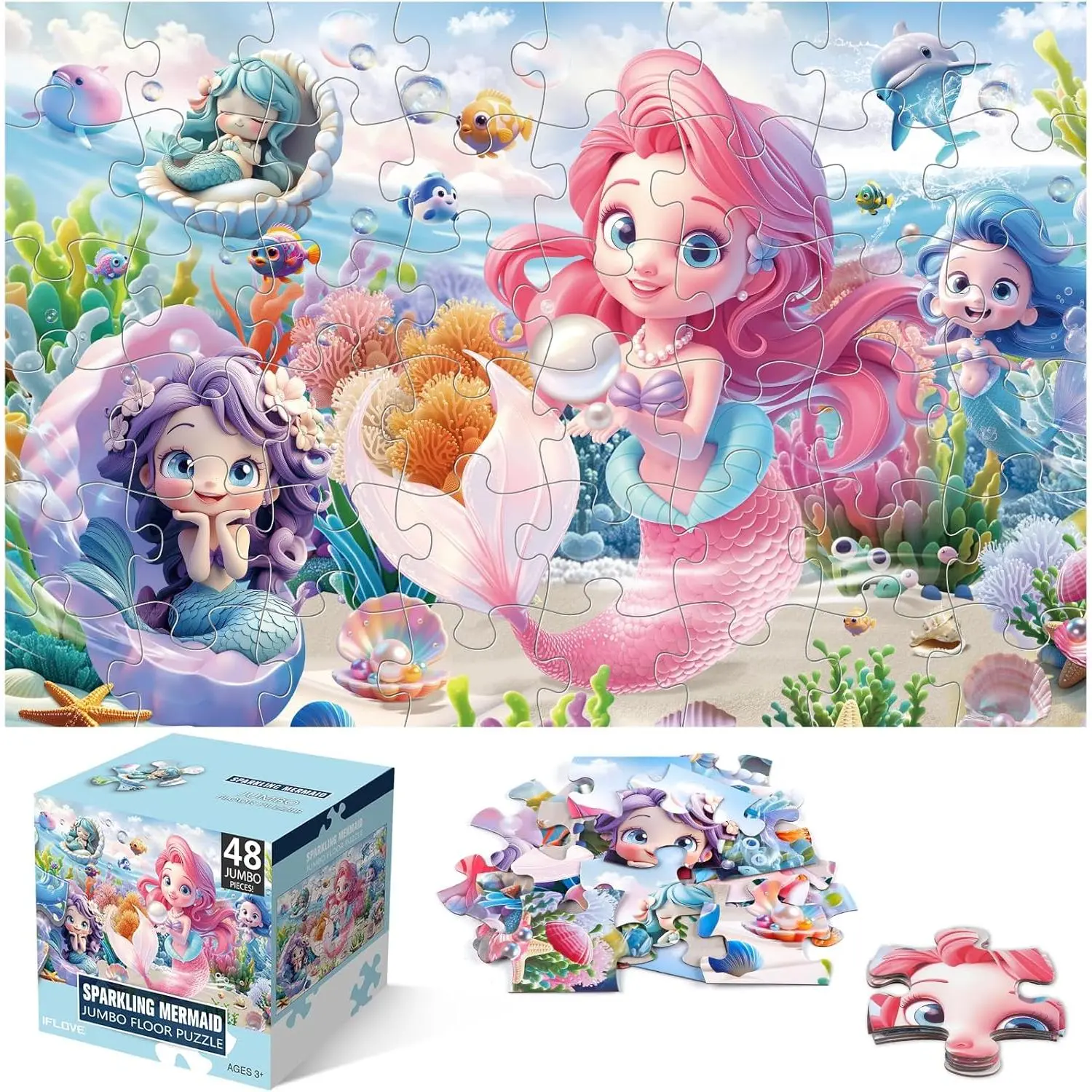 Floor Puzzle for Kids - 48 Piece Jumbo Underwater Mermaid Jigsaw Puzzle, Ocean Fantasy Puzzle with Sea Creatures, Educational Toy Birthday for Girls Boys Ages 3-8