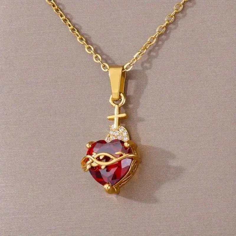 Sacred Heart Cross Pendant Necklace, Retro Gold-Tone Long Chain for Women with Red Gemstone, Southern European Gold Aesthetic Jewelry, Custom Pendant, Engraved Cross Pendant Necklaces