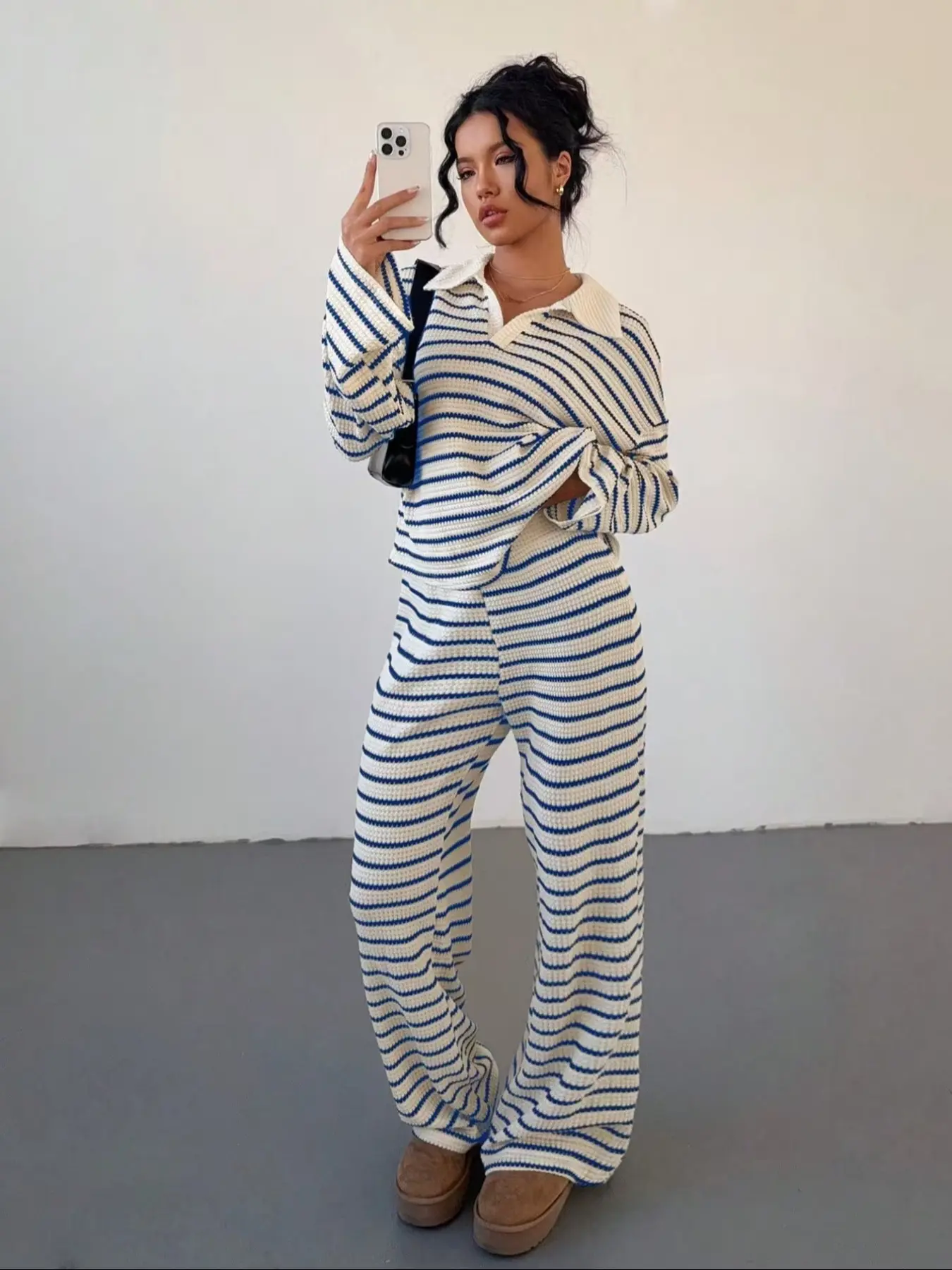 Women's Striped Textured Knit Long Sleeve Flared Polo Neck Long Pants Set, Casual Fashion Two-Piece Clothes, Perfect for Daily Commute
