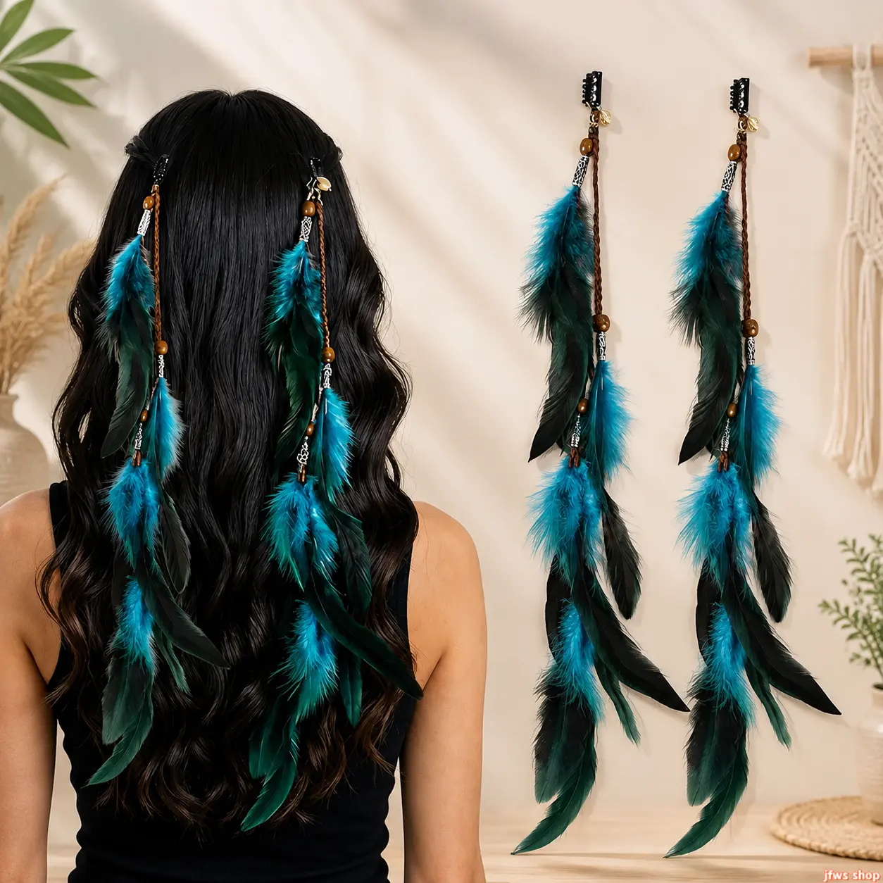Bohemian Natural Feather Hair Barrettes 2 Pack Retro Wooden Bead Tassel Hair Clips Long Pendant Hippie Hair Pins for Beach Vacation Music Festival