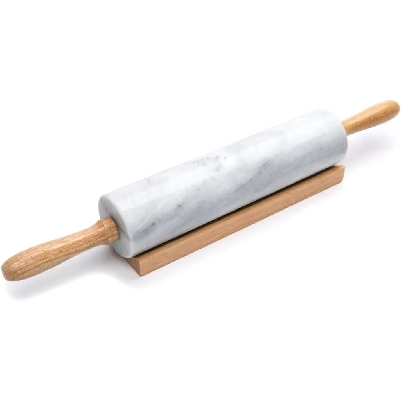 Polished Marble Rolling Pin with Wooden Cradle, 10-Inch Barrel, White