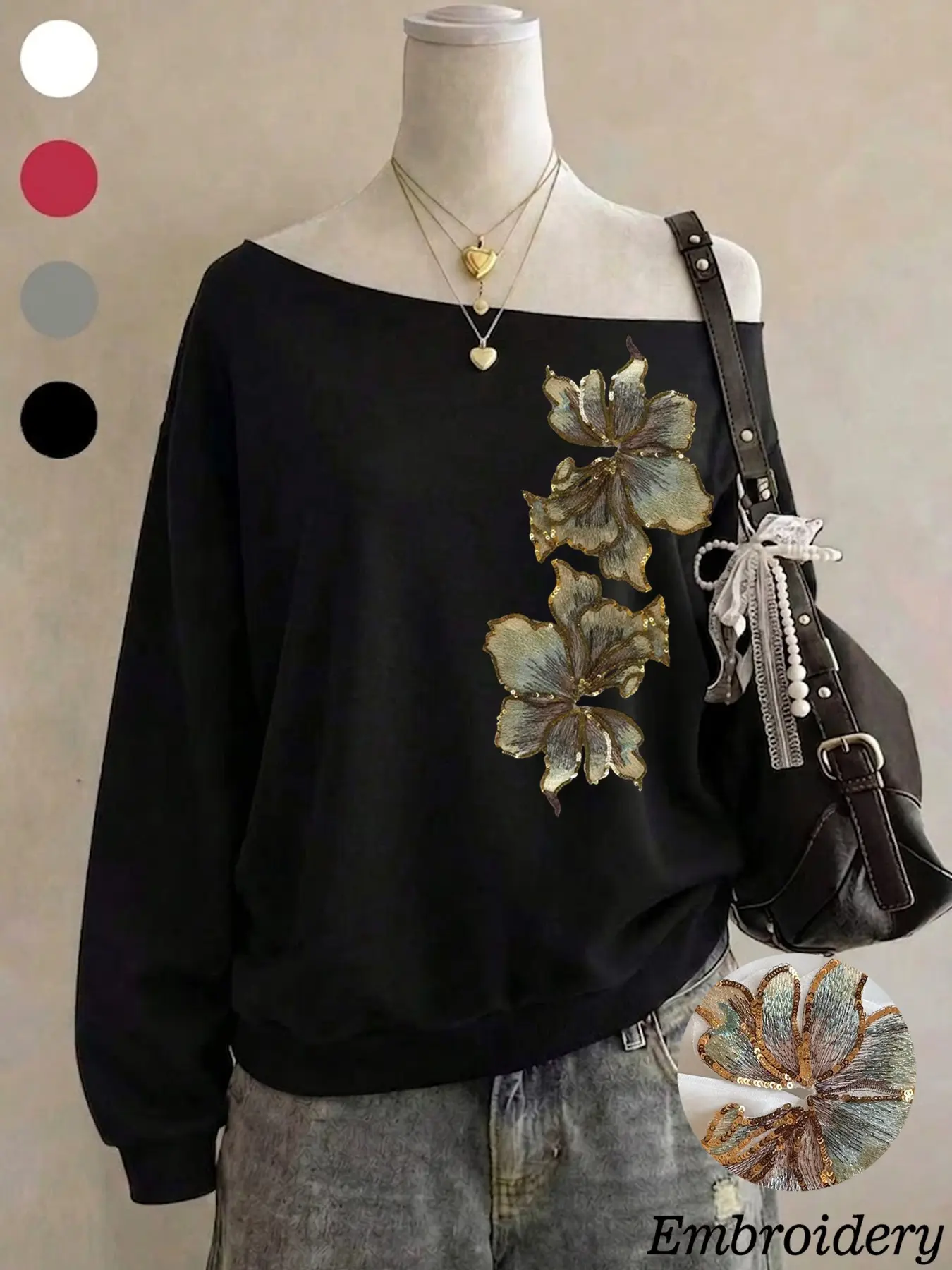 Y2K Sweet Cool Style Lily Sequin Embroidery Asymmetrical Shoulder Long Sleeve Hoodie, Loose Fit Fall Winter Streetwear Women's Top