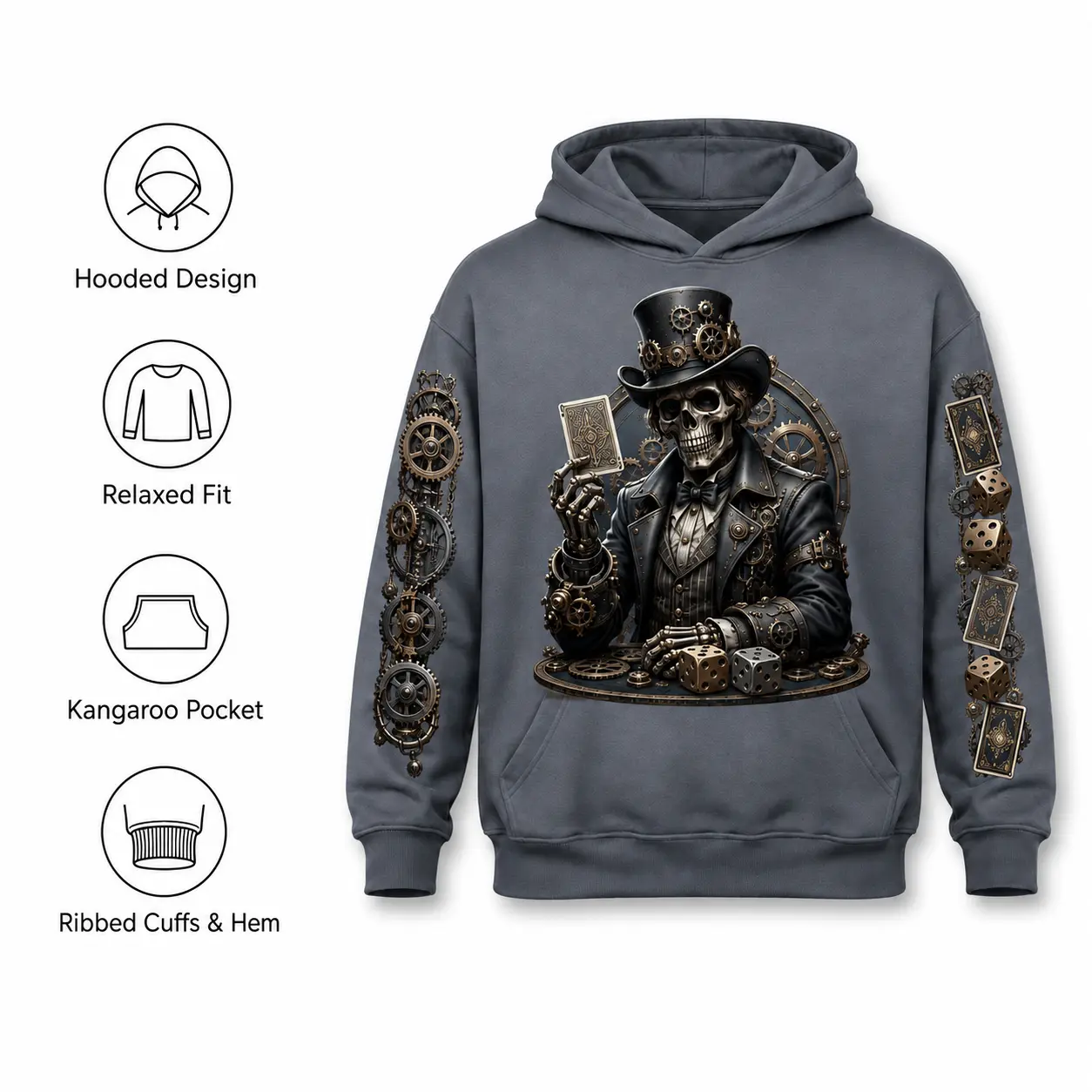 Gothic Skull Graphic Pullover Hoodie Steampunk Poker Card Dice Gear Print Long Sleeve Streetwear Sweatshirt with Kangaroo Pocket, Dark Casino Style