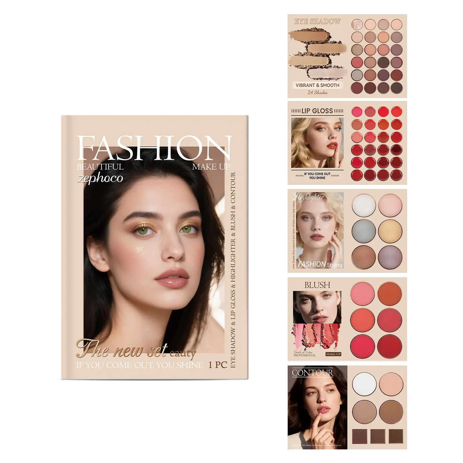 Zephoco All-In-1 Fashion Makeup Book Palette Full Face Cosmetic Set - 24 Shades Eyeshadow, Lip Gloss, Blush, Highlight, Contour Kit, Blendable Pigmented Natural Shades for Daily/Party Looks, Portable Travel Kit for Makeup Beginners Women