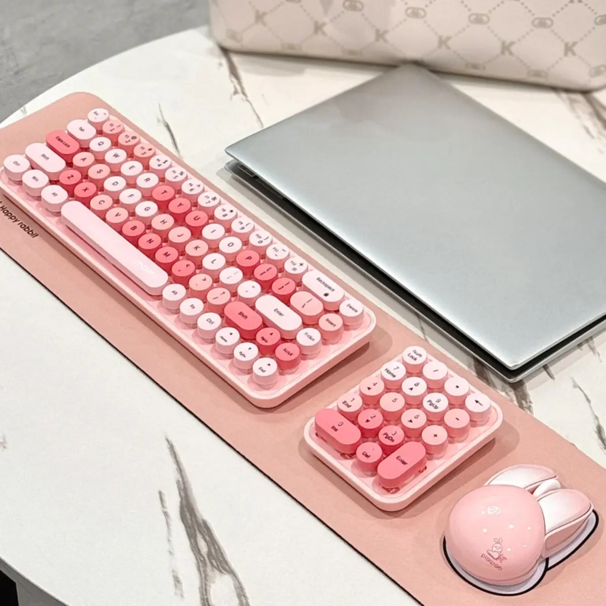 MOFii Pink Bunny Wireless 3-in-1 Keyboard & Mouse Set, Retro Round Keycaps Keyboard + Numeric Keypad + Cute Cartoon Bunny Mouse, Compatible with Laptops & Desktops