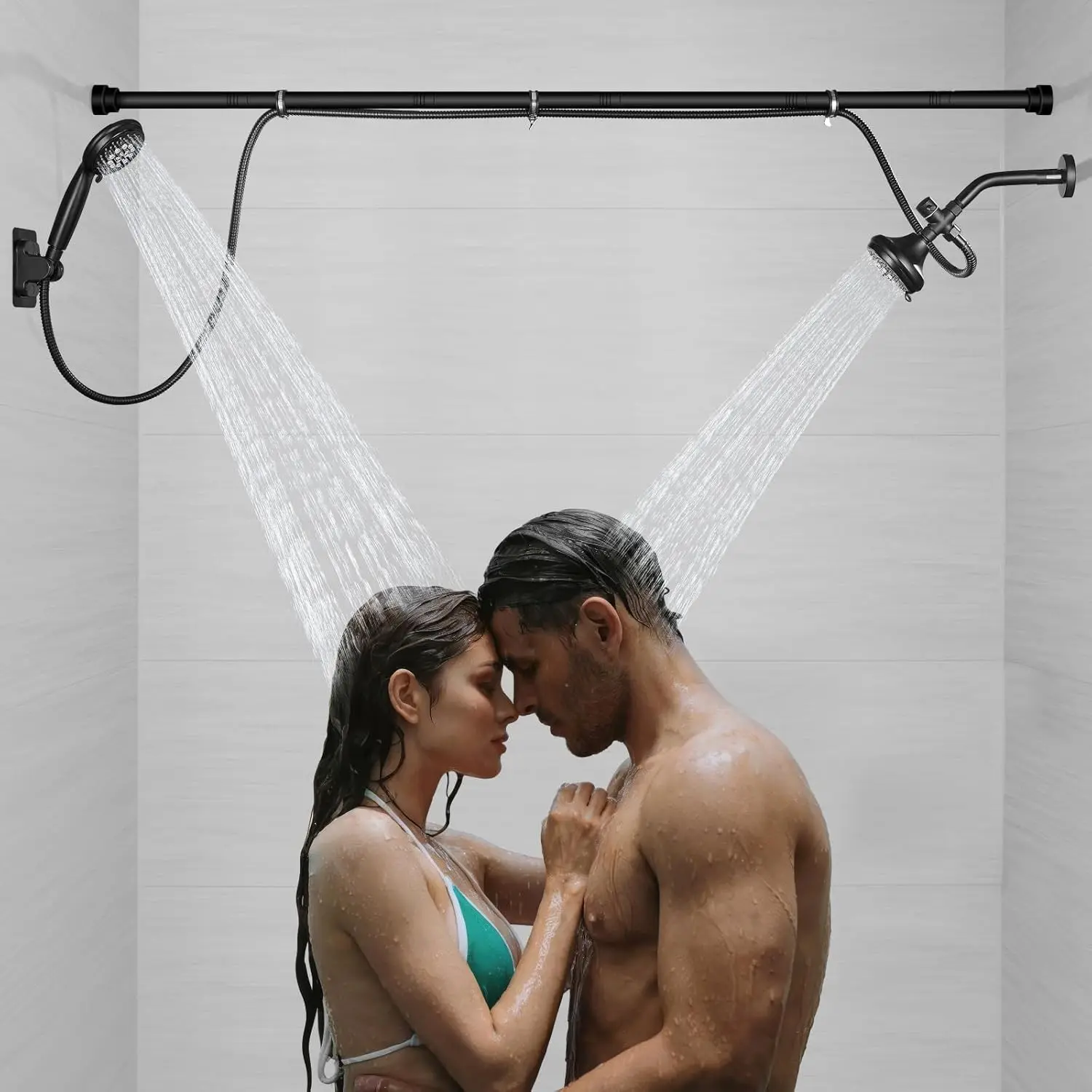 Matte Black High-Pressure Adjustable Tandem Shower System, Double Dual Shower Head for 2 People