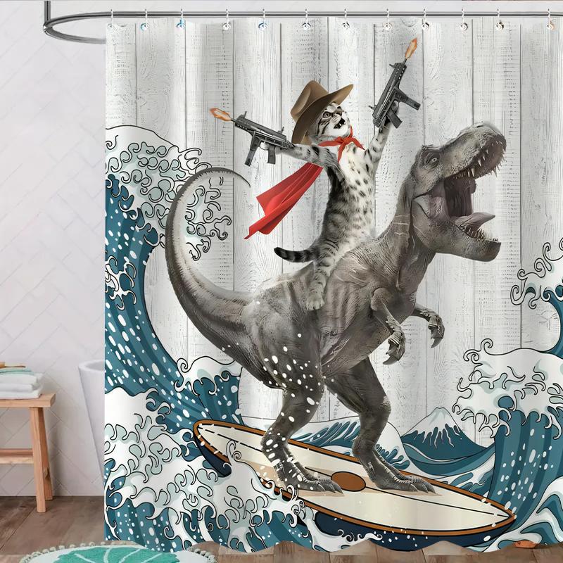 Dinosaur and Cat Pattern Removable Shower Curtain, Waterproof Bathroom Curtain with 12 Hooks, Decor for Home, Hotel, Apartment, Dorm and Spa, Decoration