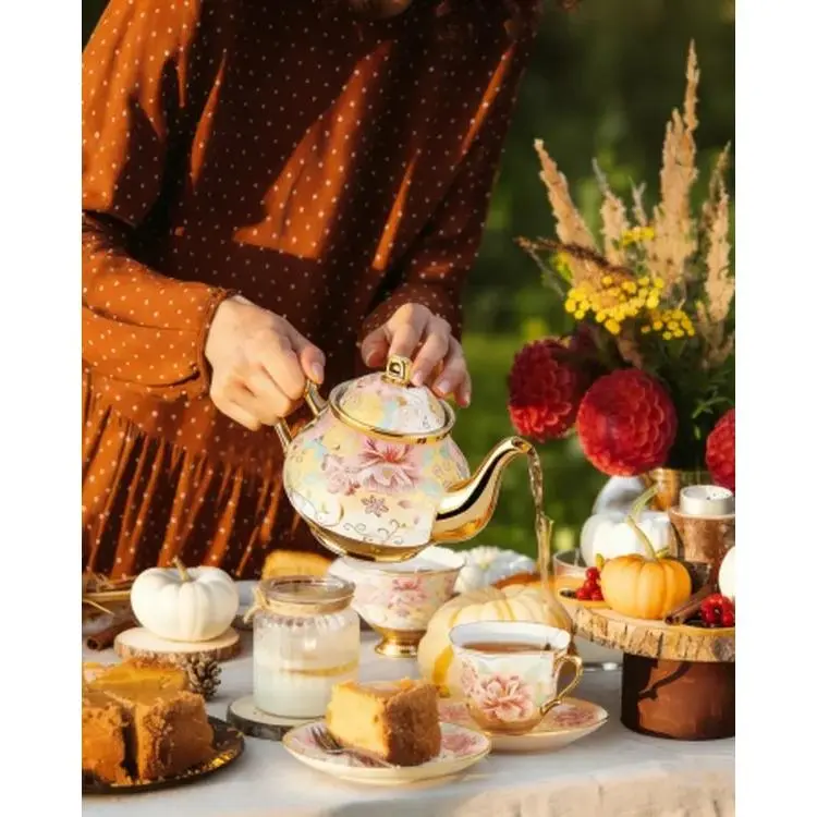 20 Pcs Porcelain Tea Set with Metal Holder, Mother Day Gift for Mom, European Ceramic Tea Set for Adults, Porcelain Flower Tea Party Set Cups Saucer Service for 6, Beautiful Tea Set for Women, Tea Party Set, Gift Pack