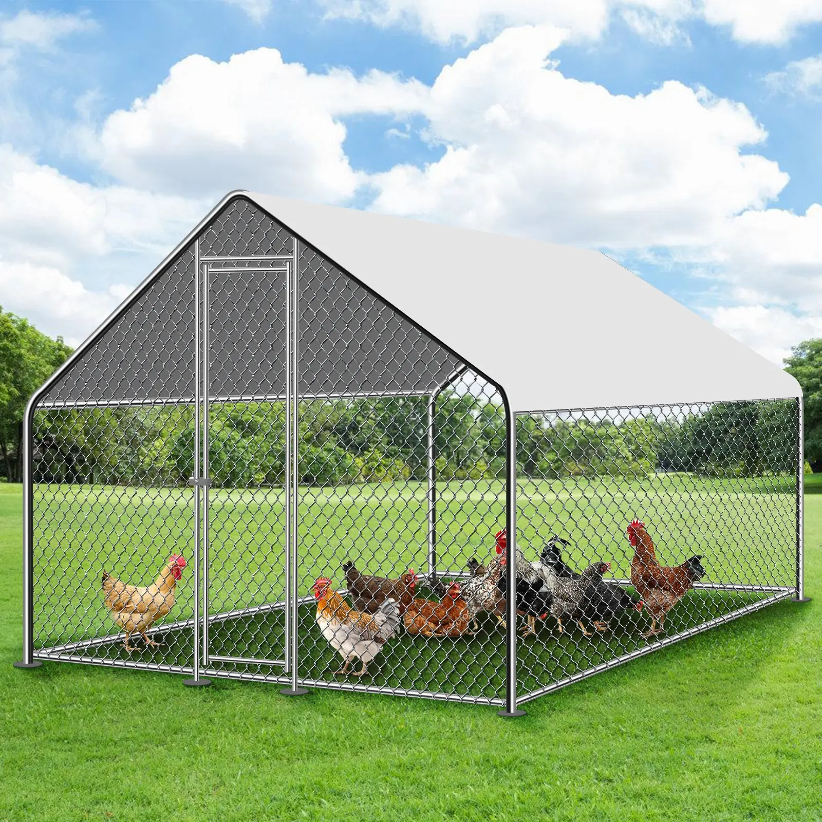 9.8x6.6 FT Galvanized Steel Chicken Coop, Large Walk-In Hen Run House with Spire Roof, Lockable Door, Backyard Poultry Cage, 1 X Metal Chicken Coop