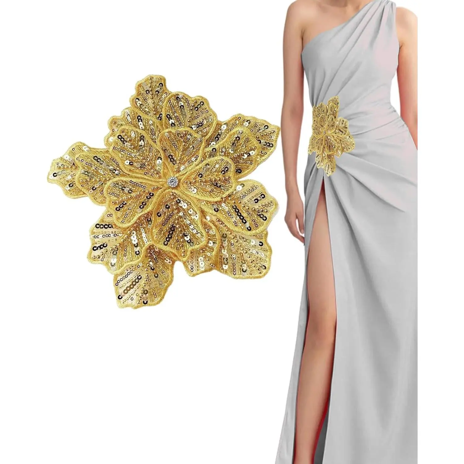 1pc Handmade Large Flower Rhinestone Applique for Clothes, Sparkly Sequin Beaded Patches for Wedding Dress, Embroidery Lace Sewing Patches for Bodice Hat Jean Jacket (Gold)