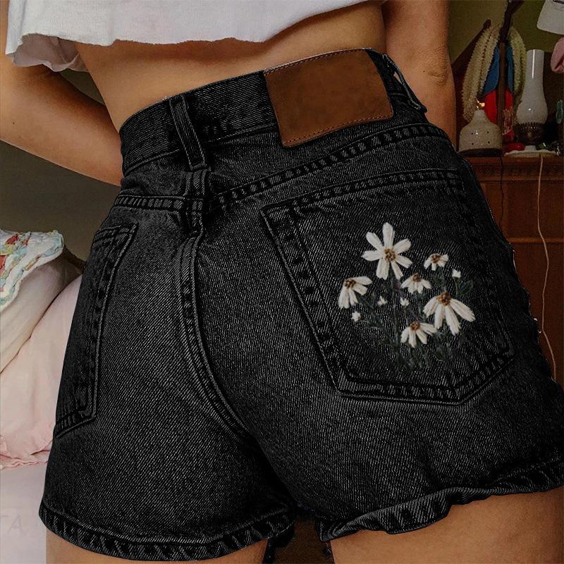 New2025 Artistic Retro Women's Denim Shorts with Multiple Pockets, Printed Design, Jean Blue, Fitted Style, Summer Casual & Versatile Womenswear