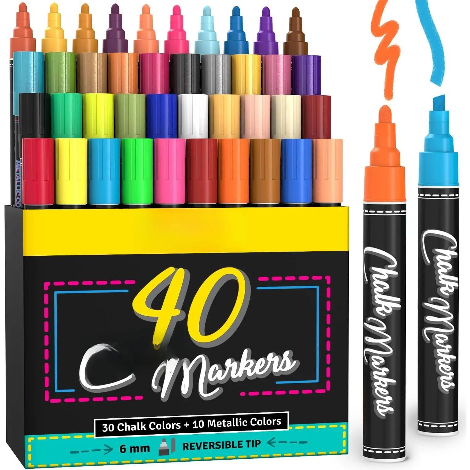 40-Count Bulk Pack Liquid Chalk Markers - 6mm Reversible Tip, Neon/Pastels & Metallic Hues, Wet Wipe Erasable Ink for Blackboard, Glass, Office Stationery Uses