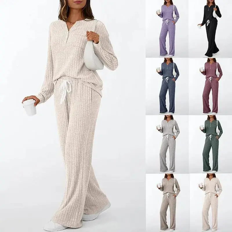 NewWomen's two-piece casual outfit - V-neck buttoned knitted top, sweatpants, sports outfit (with pockets), home wear set
