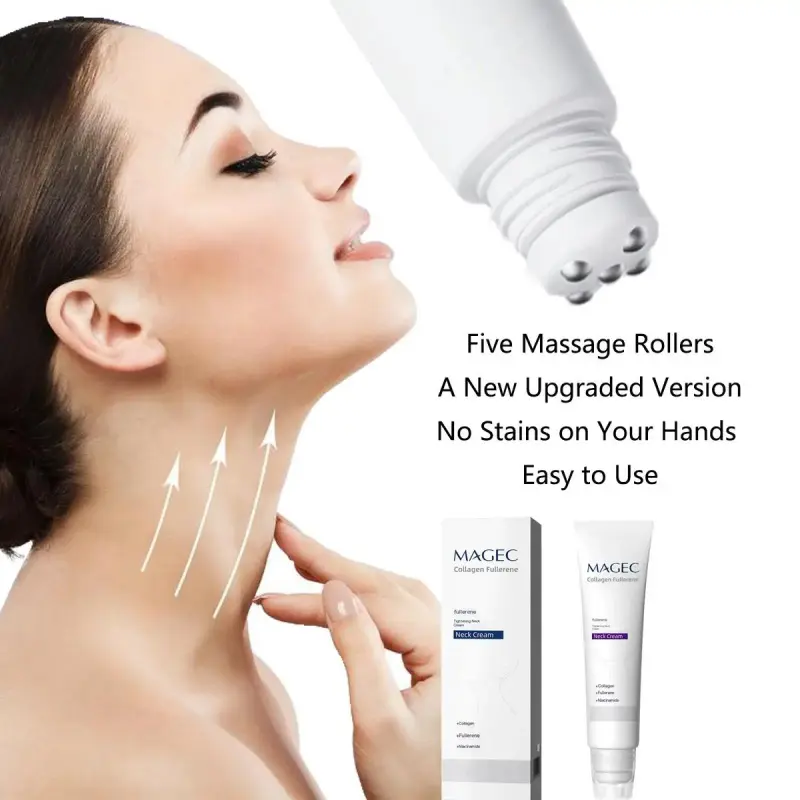 Collagen Neck Firming Cream with 5 Rollers for All-Around Massage, Smoothing, Hydrating, Wrinkle Reduction, Double Chin Relief, Edema Relief, Hyaluronic Acid, Vitamin C+E, Suitable for Wrinkled & All Skin Types