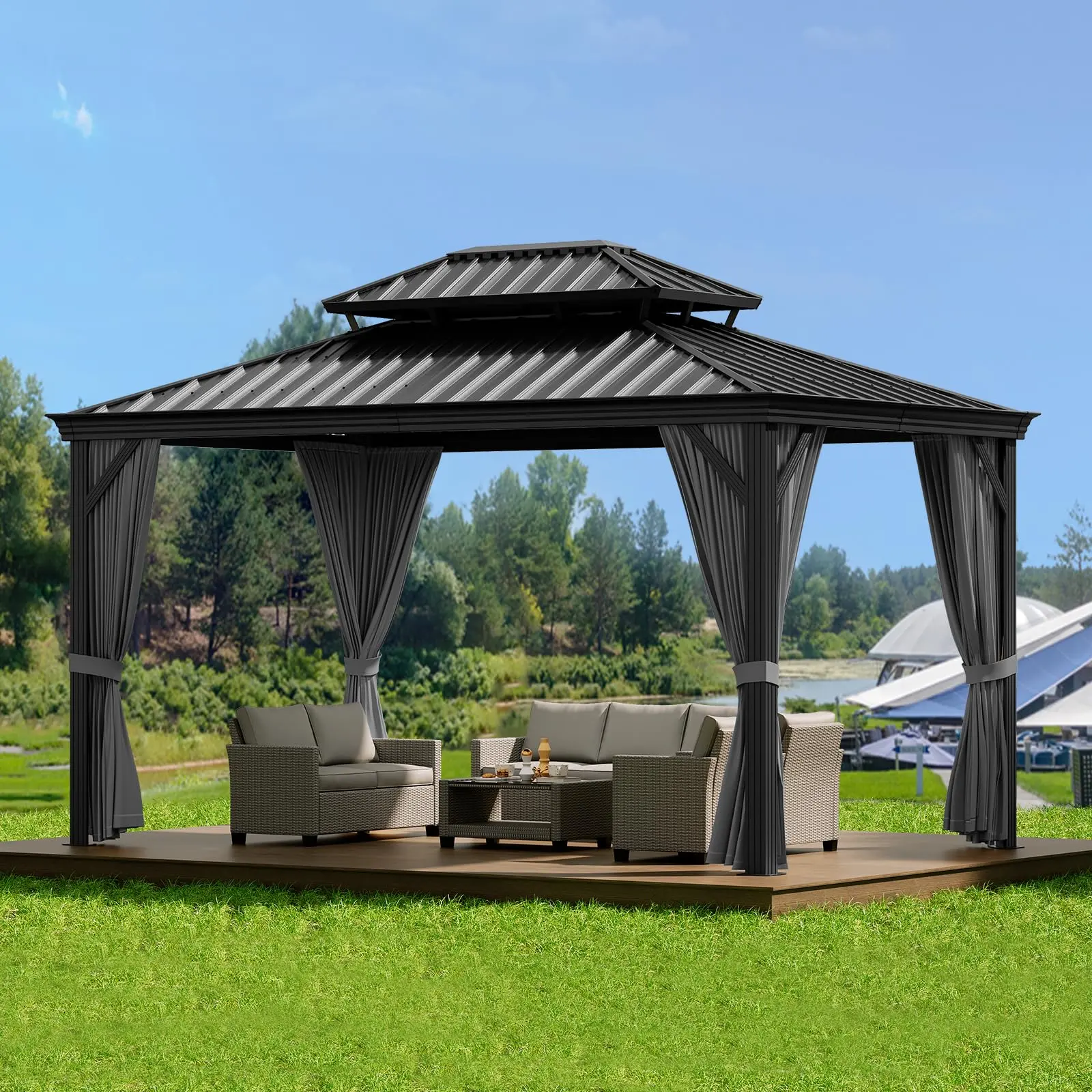 Heavy Duty 10x10 ft Hardtop Gazebo Outdoor Pavilion – Weather-Resistant Aluminum Frame & Double Roof – With Curtains & Netting – Ideal for Garden, Patio, Deck, or Backyard