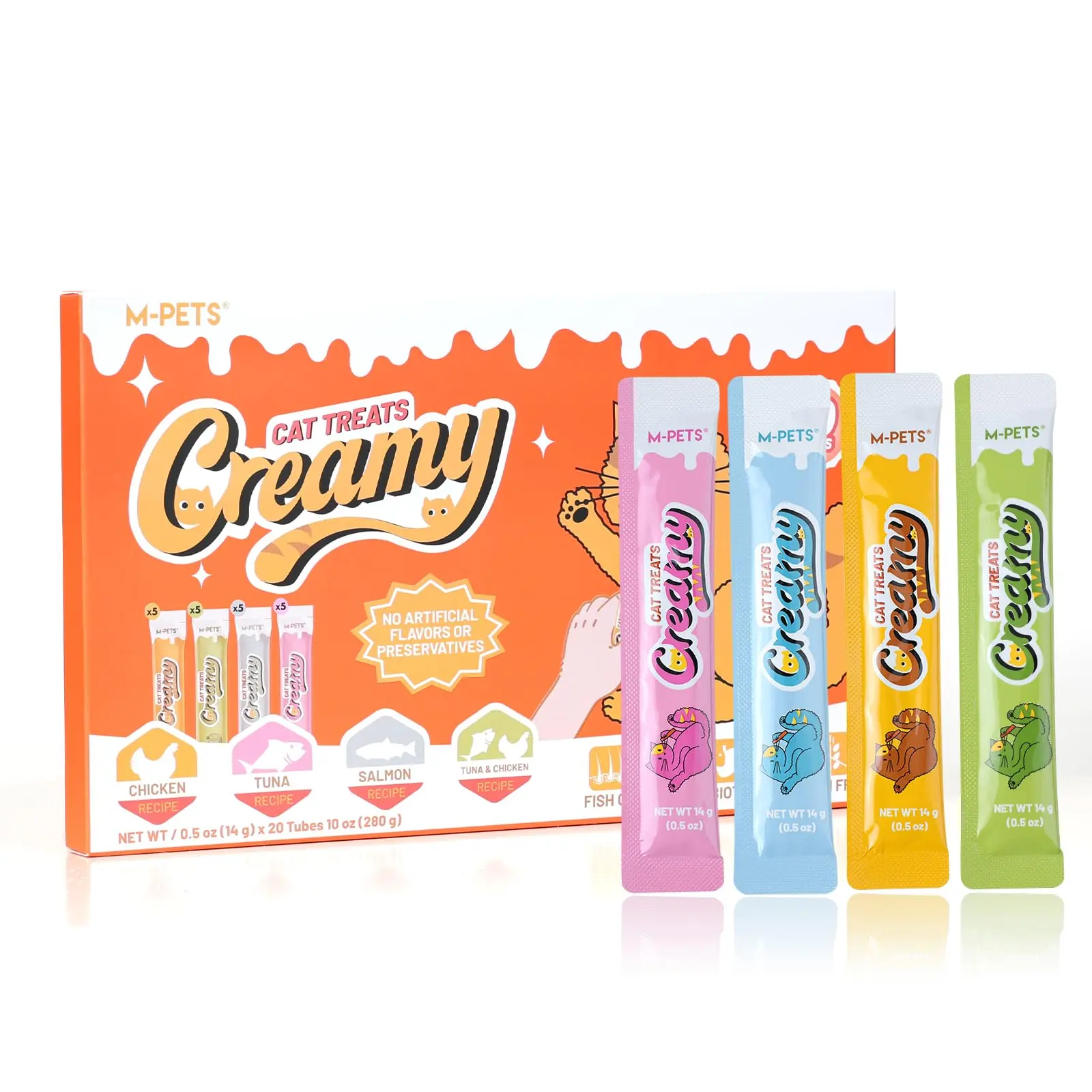 M-PETS Creamy Lickable Cat Treats – 4 Flavor Variety Pack, 20 Tubes of Healthy Squeeze Up Snacks with Functional Nutrients for Hydration, Skin & Coat, and Digestive Health – Grain Free, High Protein