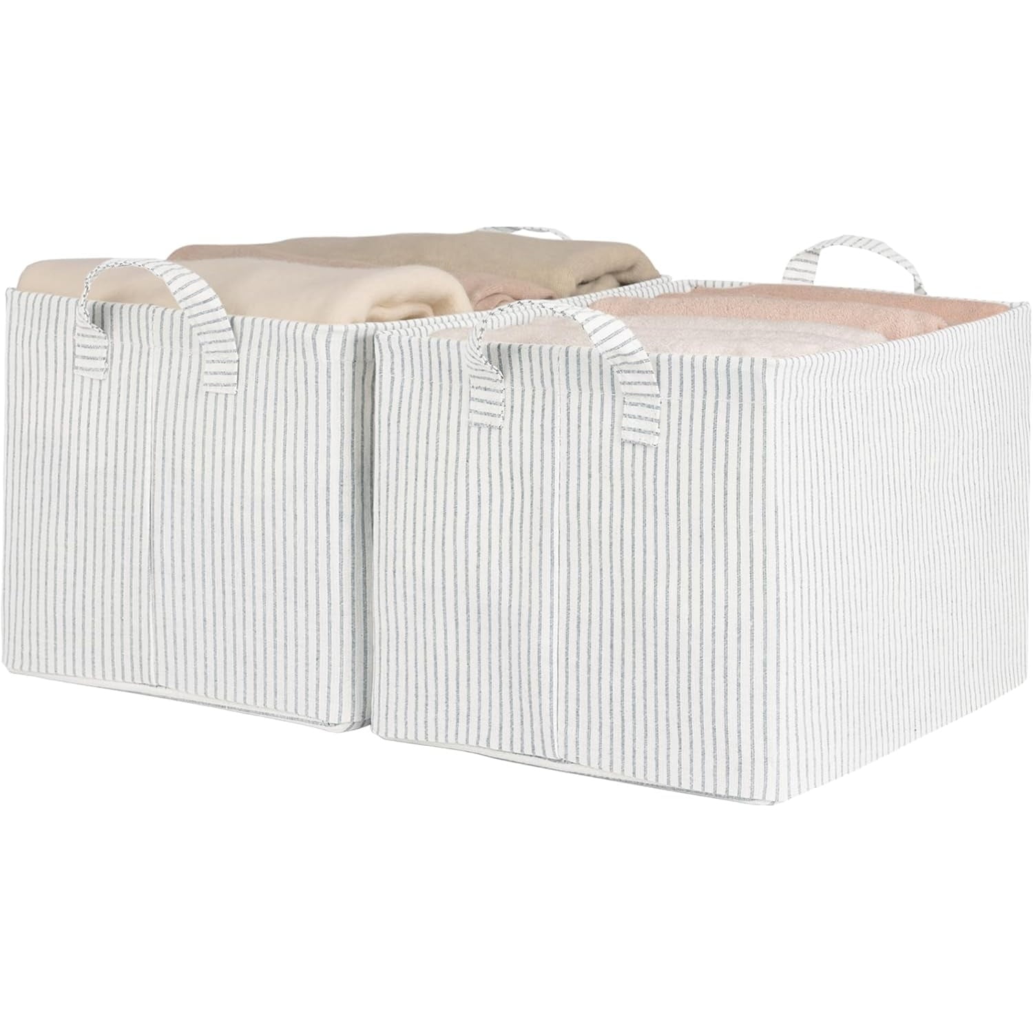 2-Pack Large Fabric Storage Bins for Shelves, Khaki and Beige Striped Storage Baskets with Metal Frame and Handles, Foldable Closet Organizer Bins