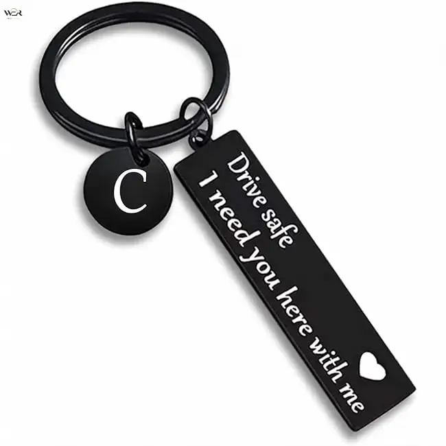Customized Keychain - Black Solid Anti-Rust Stainless Steel Key Ring with 26 A-Z Initial Letter Pendant, Nameplate Style Slogan Keychain with "Drive Safe I Need You Here With Me" Message, Romantic Gift for Drivers, Key Rings