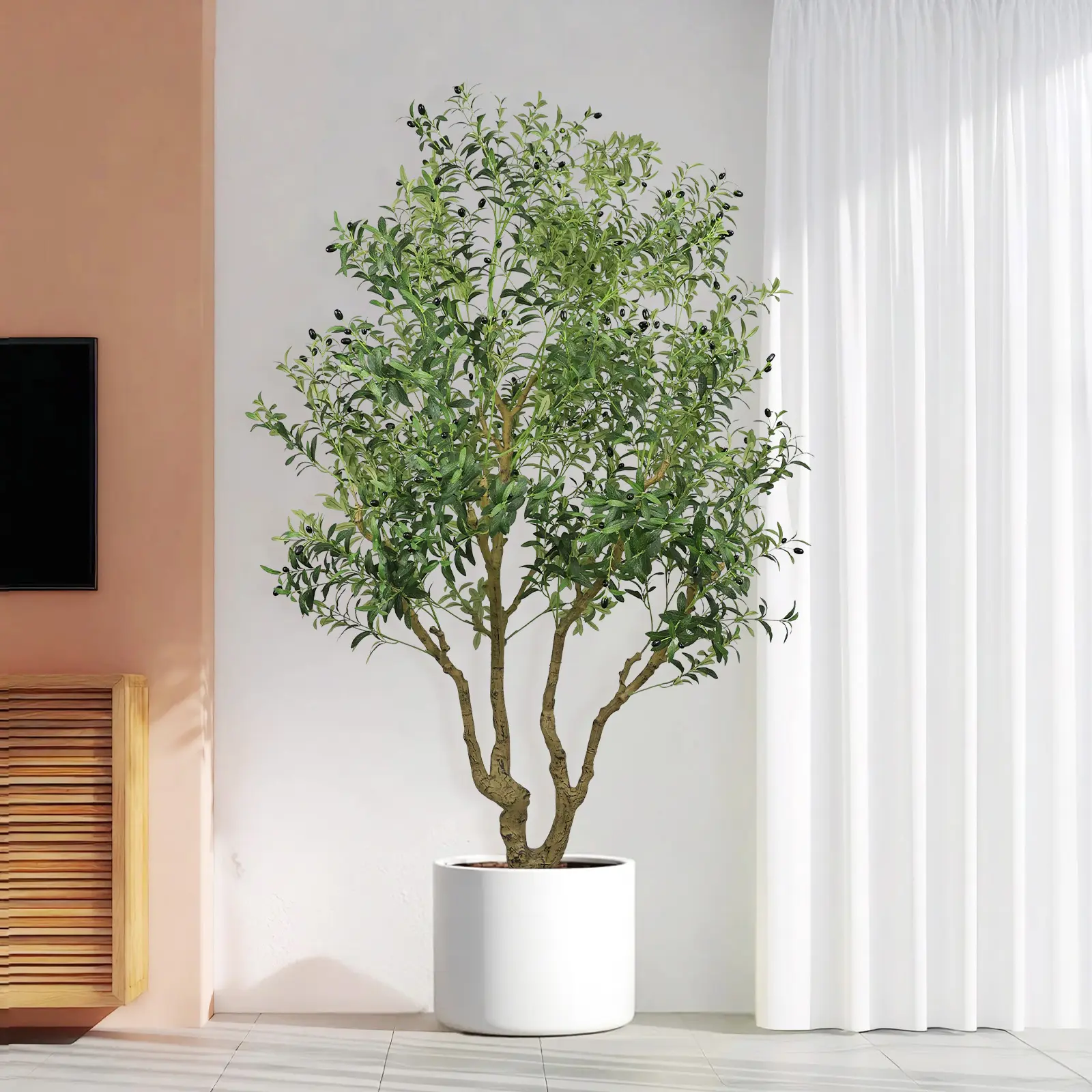 Artificial Olive Tree 8ft - Large Faux Olive Tree with Realistic Leaves and Olives - Full and Grand Design Fake Olive Tree with Sturdy Base for Indoor Office Decor