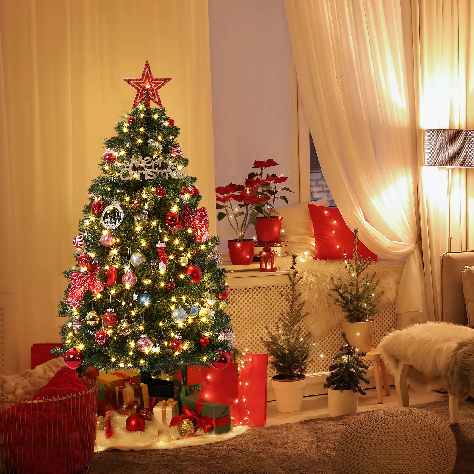 Artificial Christmas Tree, 4.5 Ft Pre-Lit Snow Flocked Christmas Tree, Potted Holiday Xmas Tree with 200 LED Lights, Light Box, Red Berry Clusters for Home Decoration