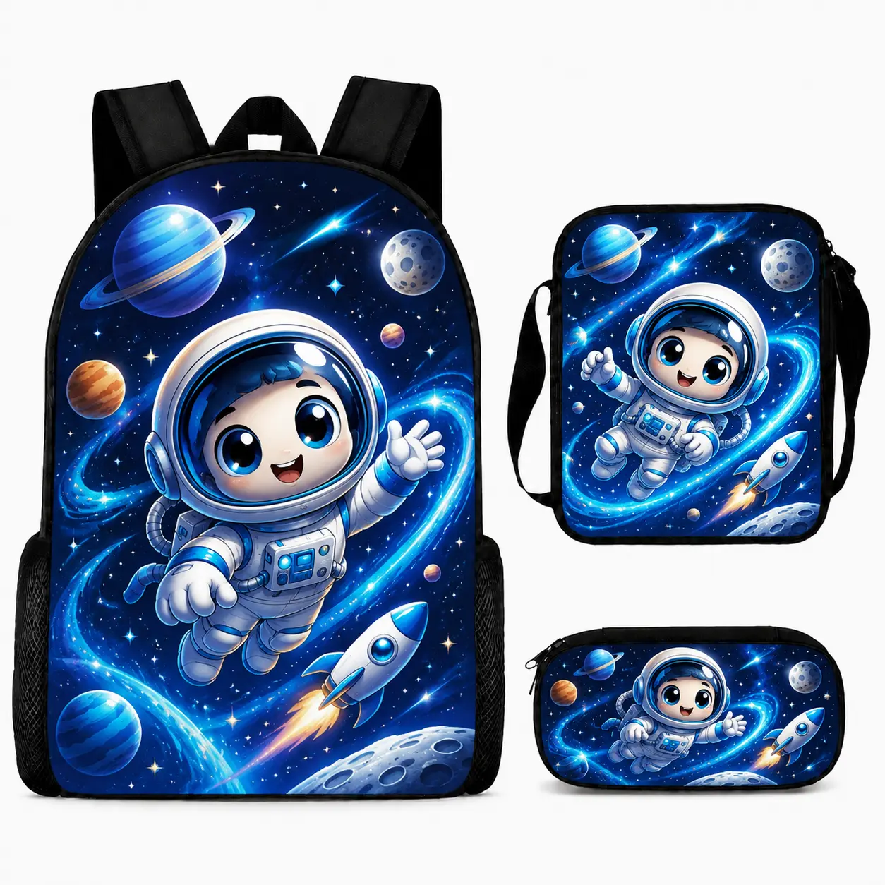 Kids Space Backpack Set, 3PCS Astronaut School Bag with Lunch Bag and Pencil Case, Galaxy Planet Rocket Print Bookbag for Boys Girls, Elementary Student Backpack, Lightweight Travel Daypack, Back to School Gift, Cute Kawaii Kids Backpack Set for Kids