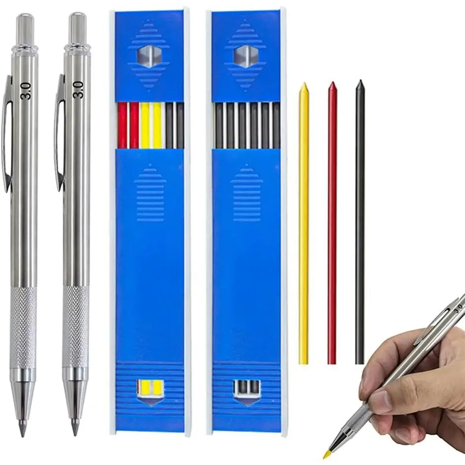 3.0mm Solid Mechanical Carpenter Pencils Set with Refills Woodworking Pencils Marker Marking Tools for Architect Construction(2pencil+2box lead) (silvery)
