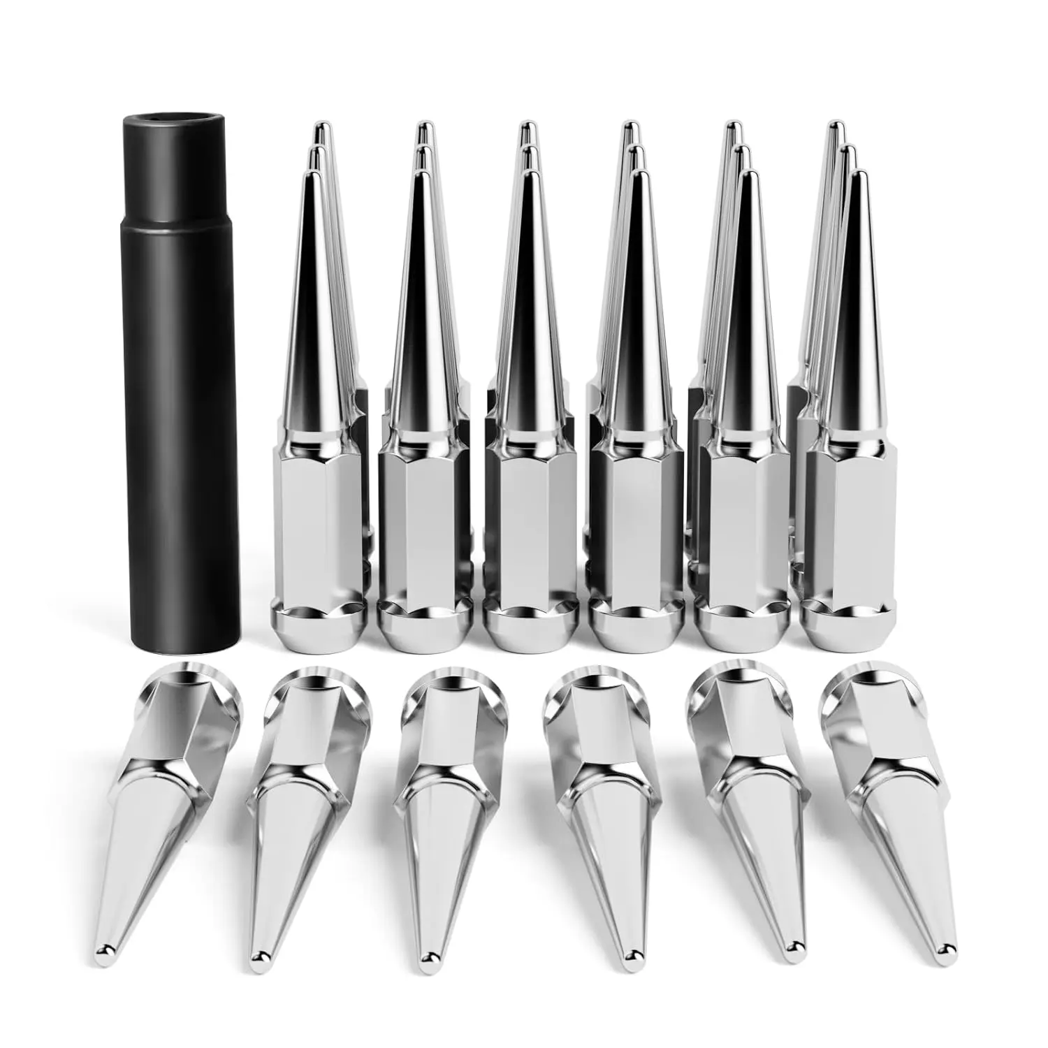14x1.5 Chrome Spiked Lug Nuts, 6x5.5 Conical Bulge Seat with Socket Key - Cold Forging, 72-Hour Salt Spray Test, Corrosion Resistance, Improved Hardness for Chevy Silverado/Suburban, GMC Sierra/Yukon, Dodge Ram 1500, Ford F150 Aftermarket Wheels, One-Piec