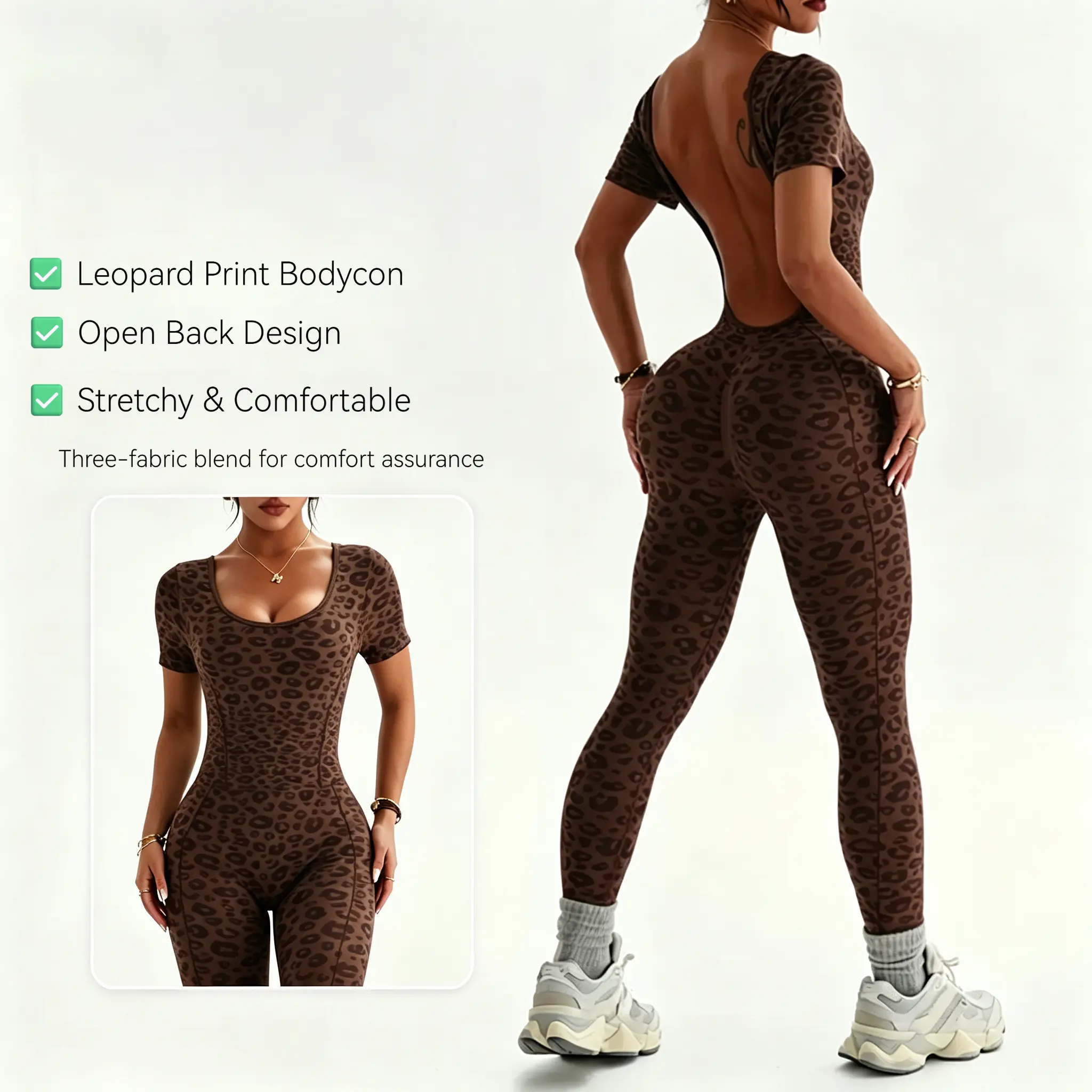 Women's Leopard Print Open Back Jumpsuit, Short Sleeve High Waist Butt Lifter Yoga Bodysuit, Stretchy Seamless Workout Onesie for Gym Running Daily Casual Outfit