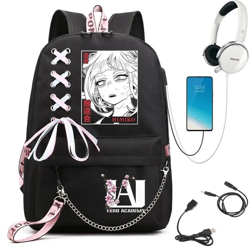 My Hero Academia Anime Print Backpacks for School, Cowhide Leather Multi-Function Student Bag, Lightweight Casual Use Daypack with Webbing Straps for Girls