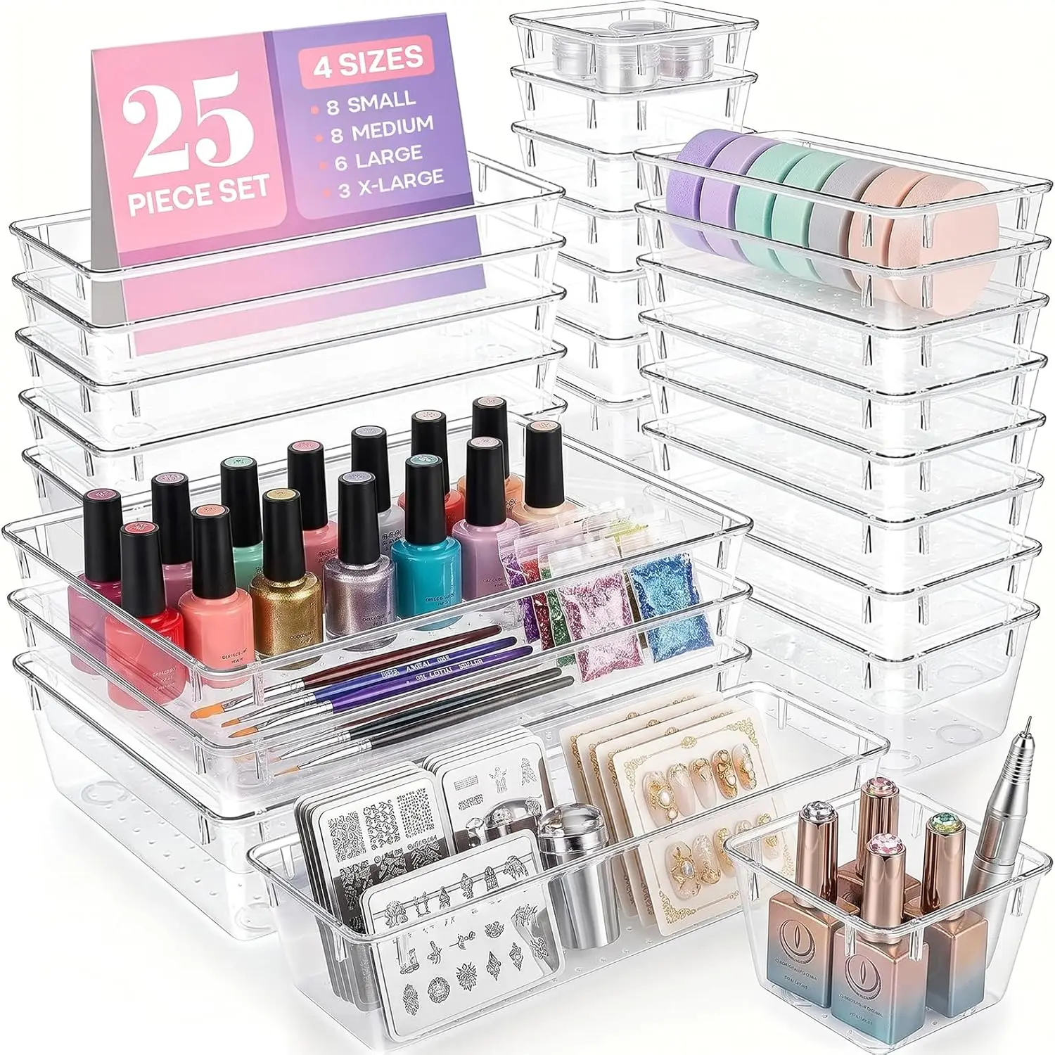 Clear Plastic Drawer Organizer Set, Choose 8 Pack or 25 Pack with 4 Assorted Sizes, Stackable Non-Slip Storage Trays for Cosmetics, Jewelry, Desk Accessories, Bathroom Essentials, Kitchen Tools and Small Items