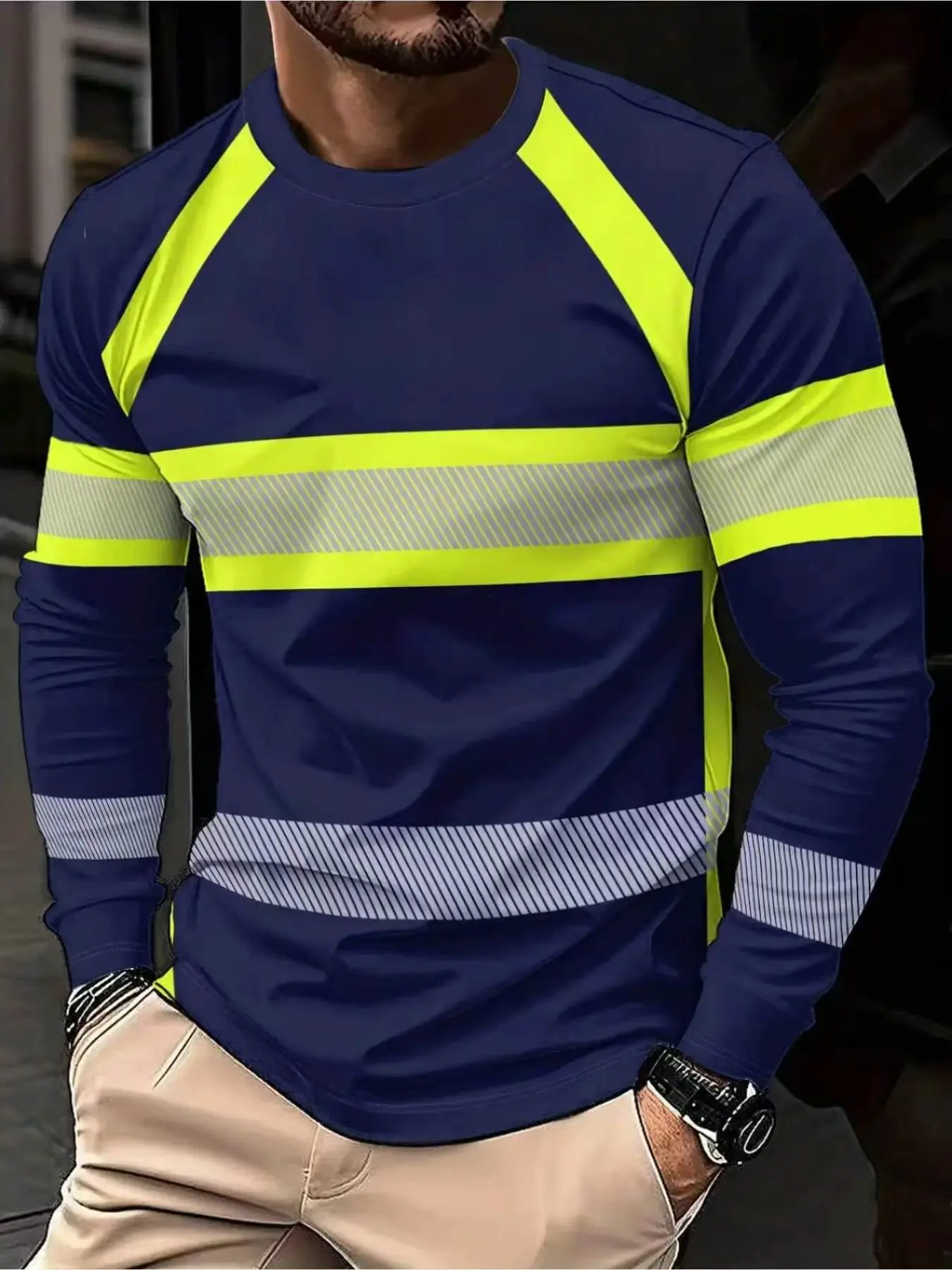 Men's casual outdoor printed long-sleeved T-shirt, Workwear, Tops, Color-matching design, available in orange, black, Machine washable, lightweight and breathable, Bold print design, durable material, designed for outdoor workers, no reflective effect