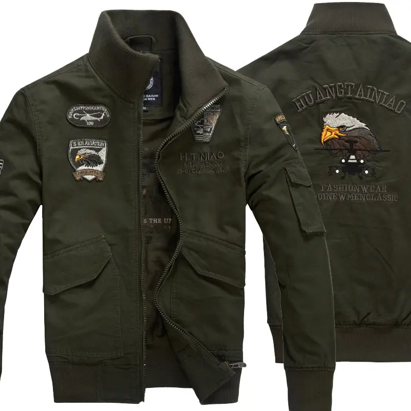 Men's Cotton Military Bomber Jacket Flight Cargo Outwear With Embroidered Patches Airborne Eagle Helicopter Badges Stand Collar Ribbed Trim Full Zip Up Windbreaker Heavyweight Canvas Utility Sleeve Pocket Combat Army Field Coat Retropremium Tactical green