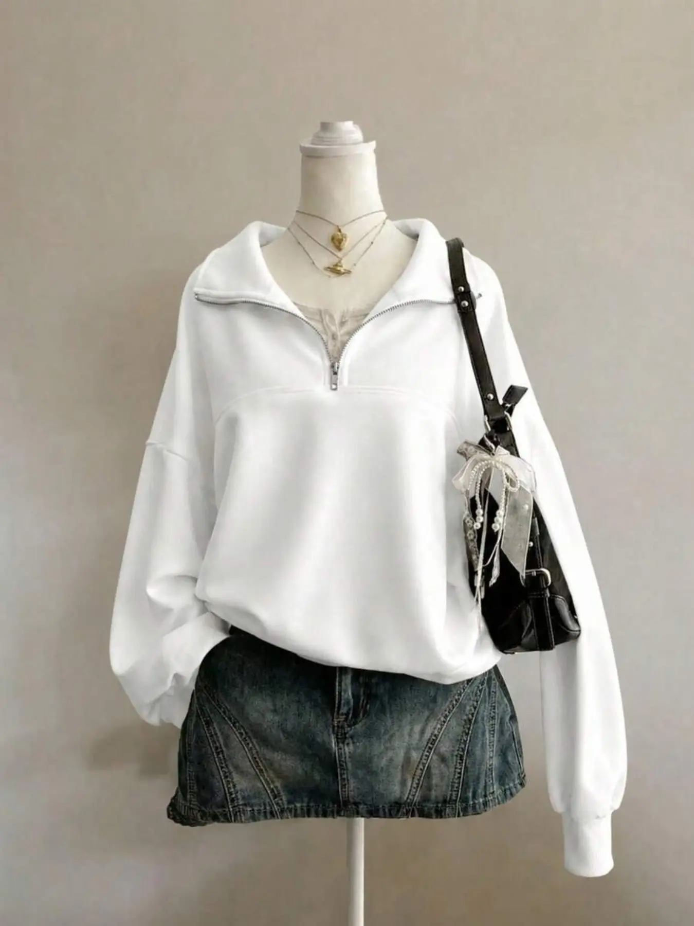 Women's Plain Half-Zip Sweatshirt, Casual Loose-Fit Long Sleeve Top, Soft Street Style, Fall & Winter Fashion, Comfortable Daily Wear