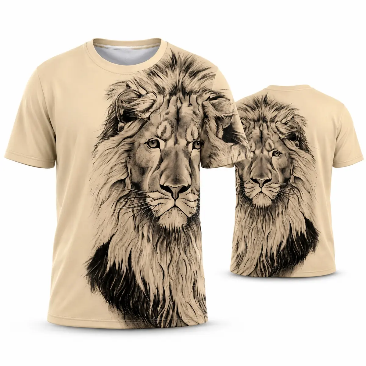 Men's Classic Animal Graphic T-Shirt - Menswear Shortsleeve Crew Neck, Vintage Hand-Drawn Lion Portrait, Casual Beige Streetwear Top, Multi-Size, All Seasons, for Travel & Daily Wear