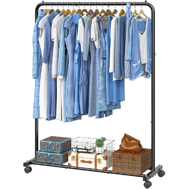 Simple Trending Clothing Rack for Hanging clothes, Portable Garment Rack with Bottom Shelf, Metal Clothes Rack on Wheels for Bedroom, Laundry Room, Black