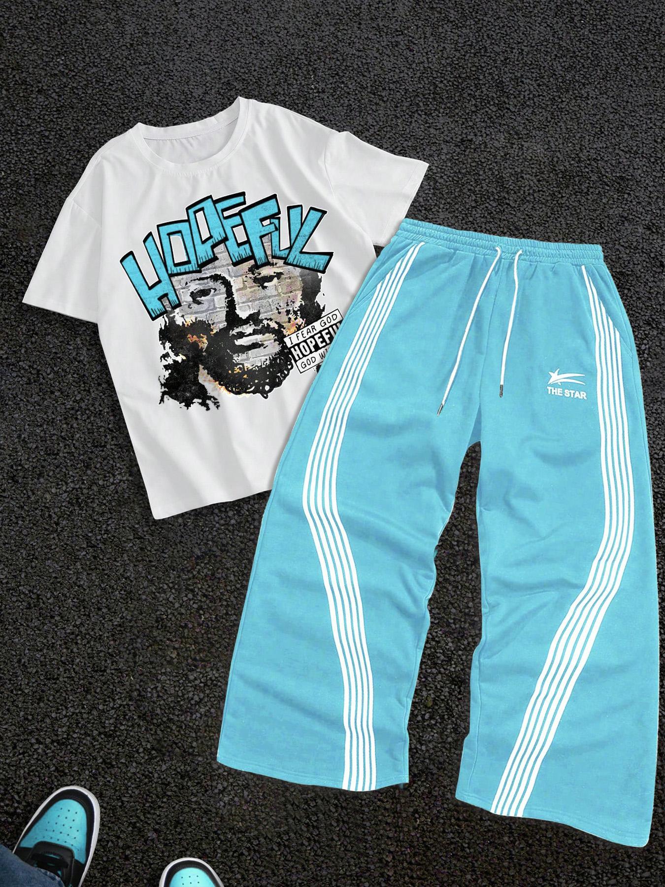 Men's Letter Print Short Sleeve Graphic Tee & Side Stripe Drawstring Waist Pants Two-piece Set, Regular Fit Round Neck T-shirt & Pocket Trousers, Casual Fashion Cozy Breathable Men Outfits for Spring & Fall