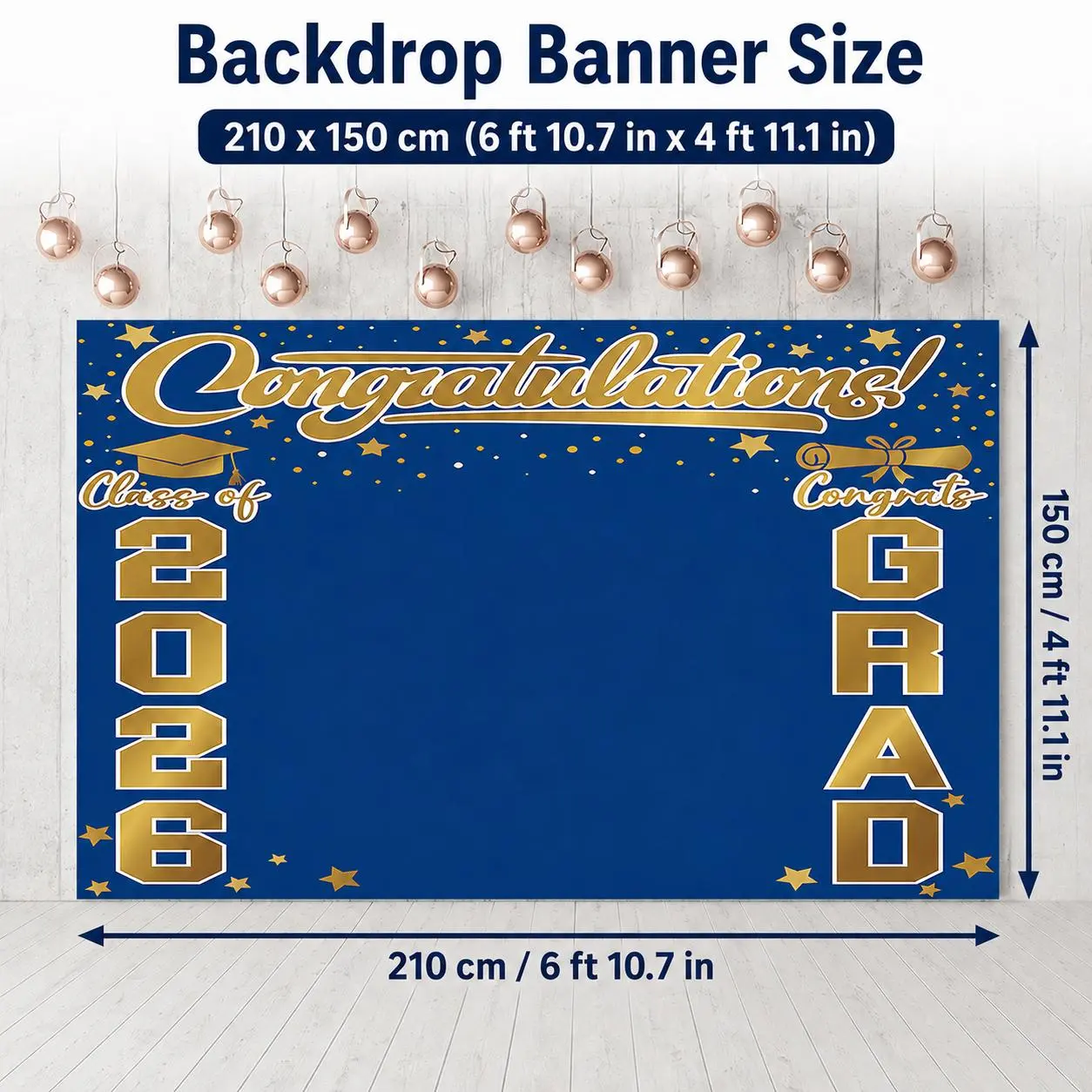 Class of 2026 Graduation Backdrop Banner, 82.7x59.1 in (210x150 cm) Foldable Hangable Blue Gold Congrats Grad Photo Booth Background for Classrooms, Fences Indoor Outdoor Party Decorations, 210 X 150 Cm, 82.7 X 59.1 In