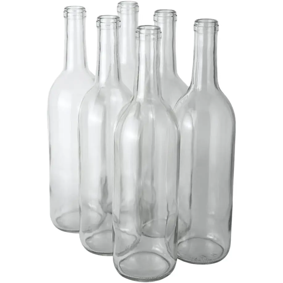 750ml Clear Glass Wine Bottles W5 Bordeaux, 6-Bottle Pack Case - NO CORKS | Flint flat-bottomed Glass Wine Bottles for winemaking, mead and liquor storage | Fits #8 or #9 corks | Empty 750 ml Bottle