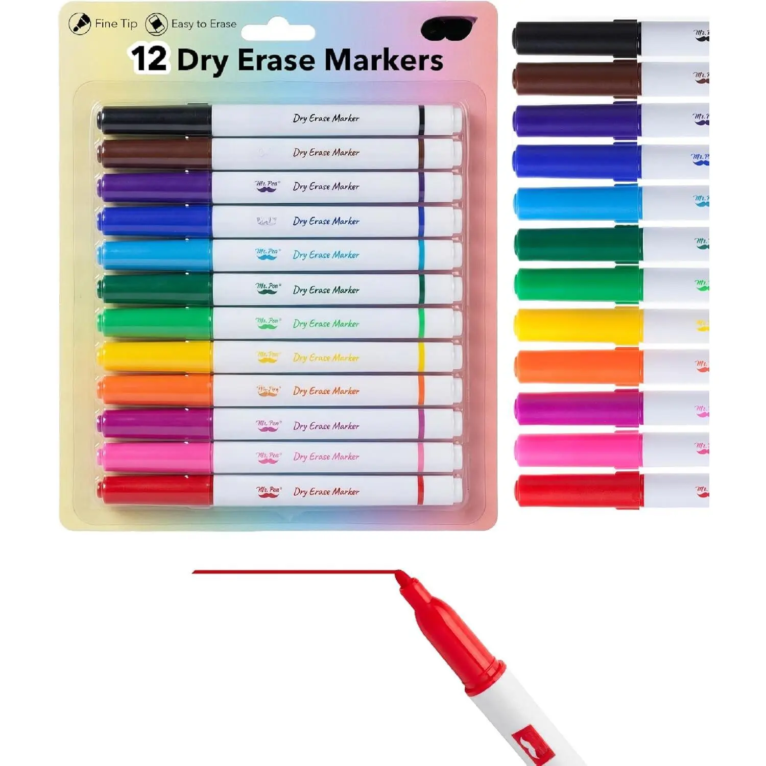 Dry Erase Pen Markers & Highlighters, 12-Pack Fine-Tip Assorted Colors, for Whiteboards, Office & School Use