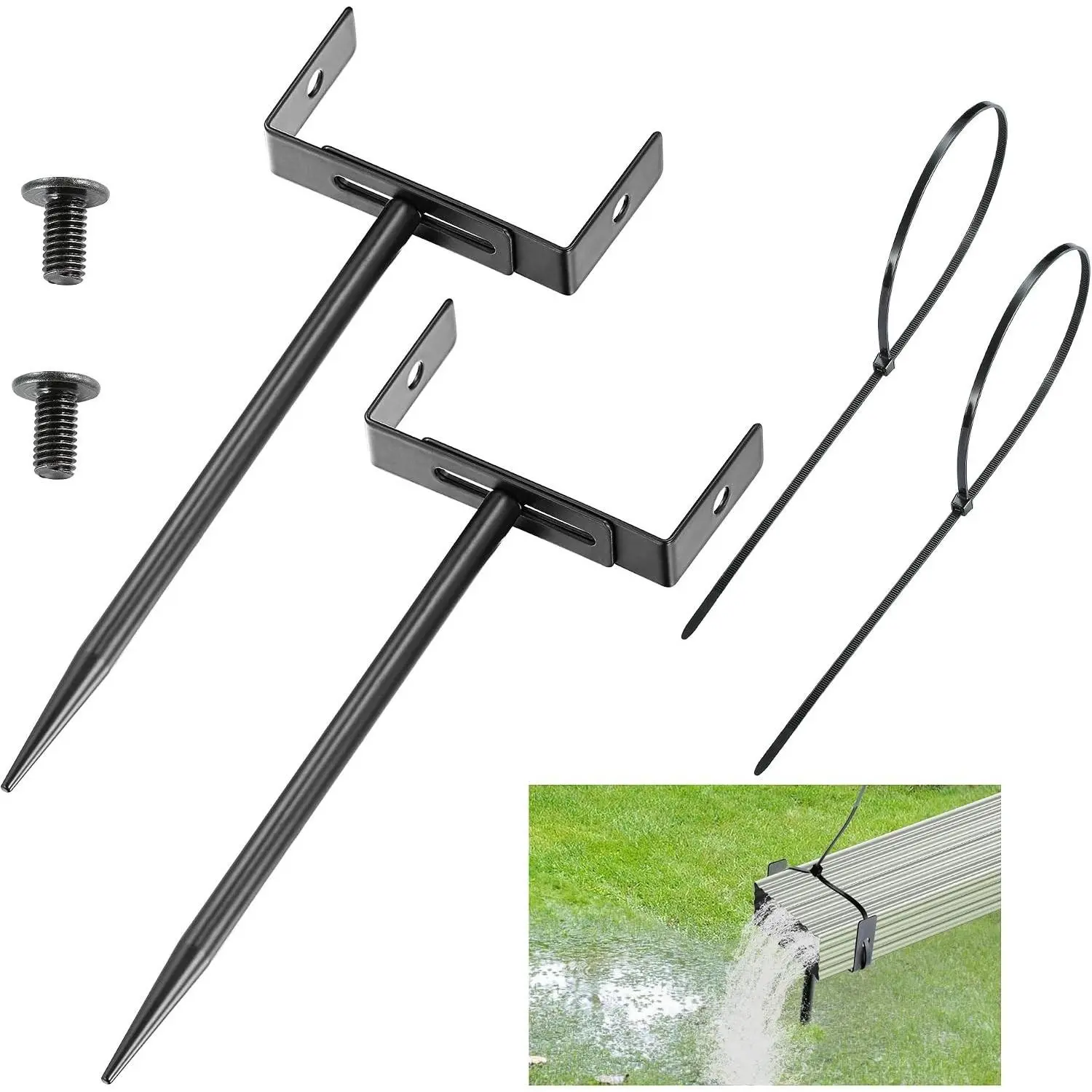 Black Rainwater Downspout Bracket with Strap, Adjustable Heavy-Duty Galvanized Iron Downspout Bracket, Rust-Proof Anchor for Pipe Support, for Lawn,Yard & Industrial Use(2 Pcs, A Sytle-20cm)