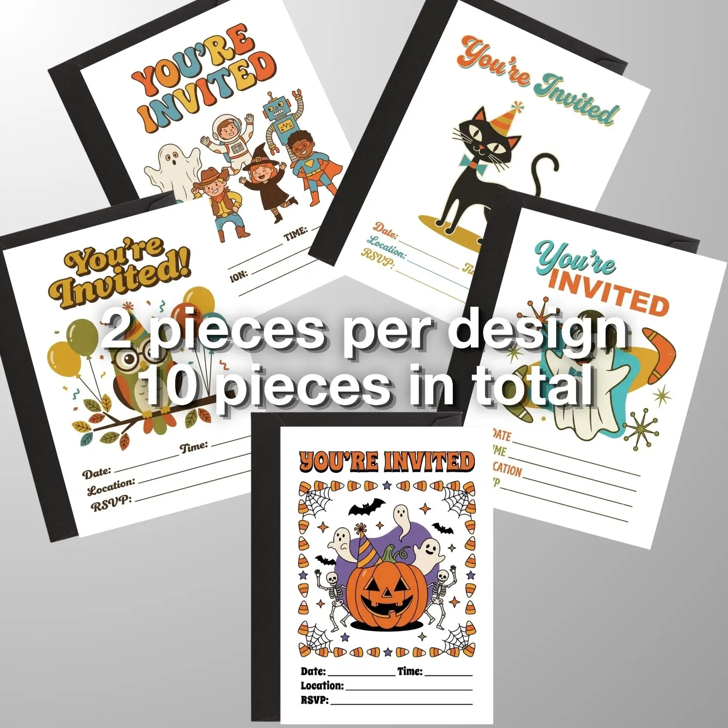 Vintage Nostalgic Halloween Party Invitations Set, 5x7" Retro 1950s Theme, 10 Pack Blank Fill-In Cards with Envelopes, Perfect for Events