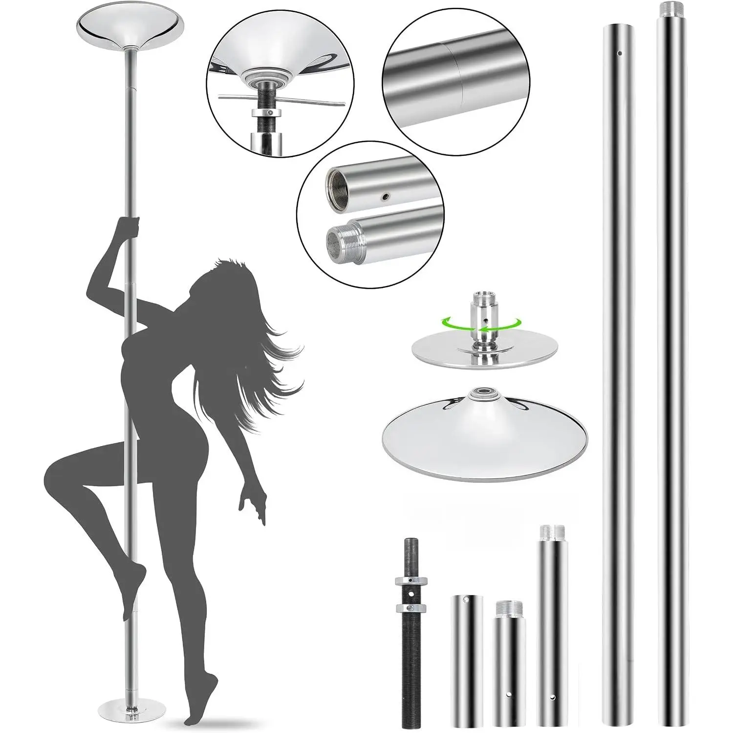 Portable Spinning Static Dance Pole 45mm Removable Stripper Pole Kit with Extension for Beginners and Professionals Silver for Home Gym Fitness Club Party Studio