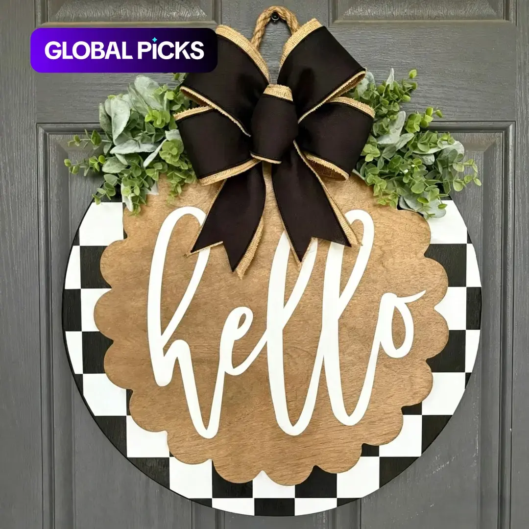 Checkered Hello Door Hanger, American Vintage Wooden Front Door Decor, Bow Plant Welcome Sign, Farmhouse Porch Decoration
