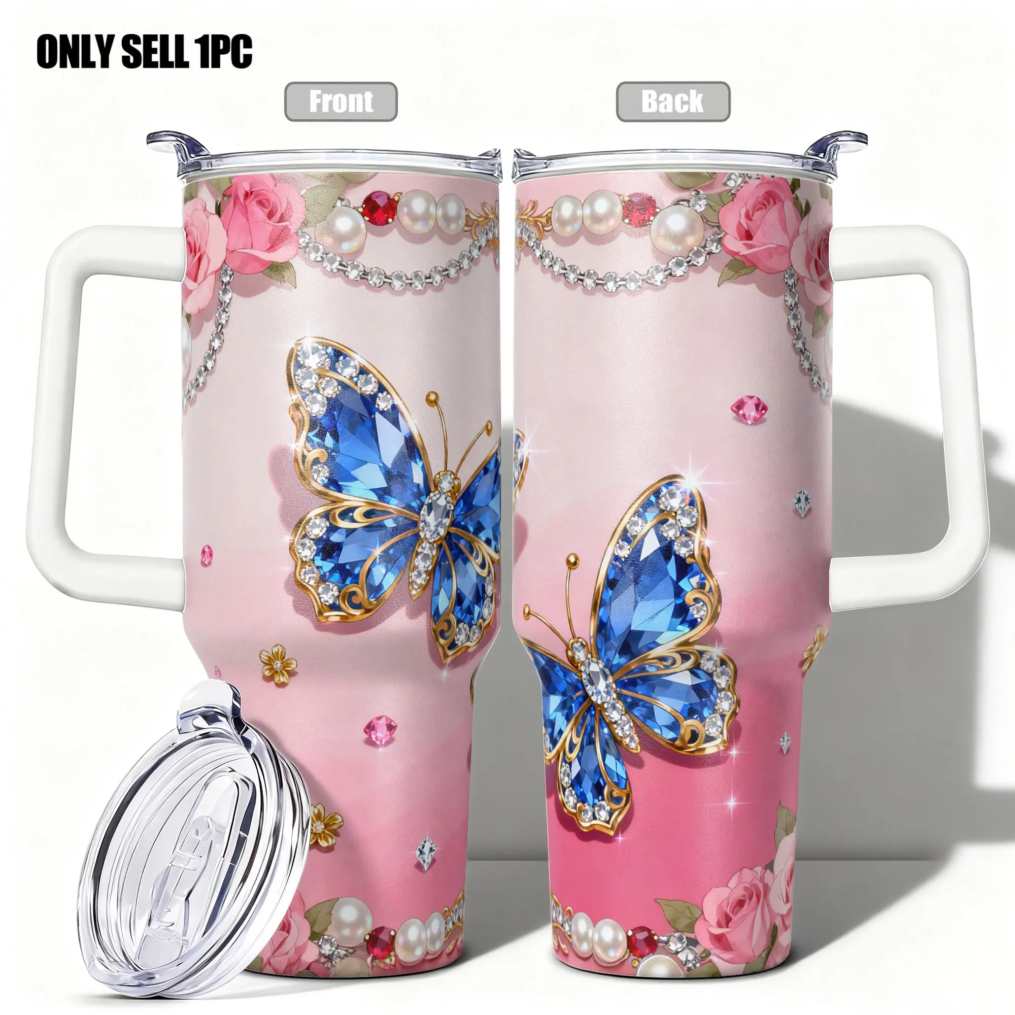 1pc, 40oz/30oz/20oz/14oz Stainless Steel Cup Insulated Water Cup Blue Gem Butterfly & Rose Adorned Double Wall Vacuum Insulated Cup, Leakproof Lid & Carry Handle Travel Mug Insulated Tumbler for Outdoor Camping Hiking, Gift for Dad