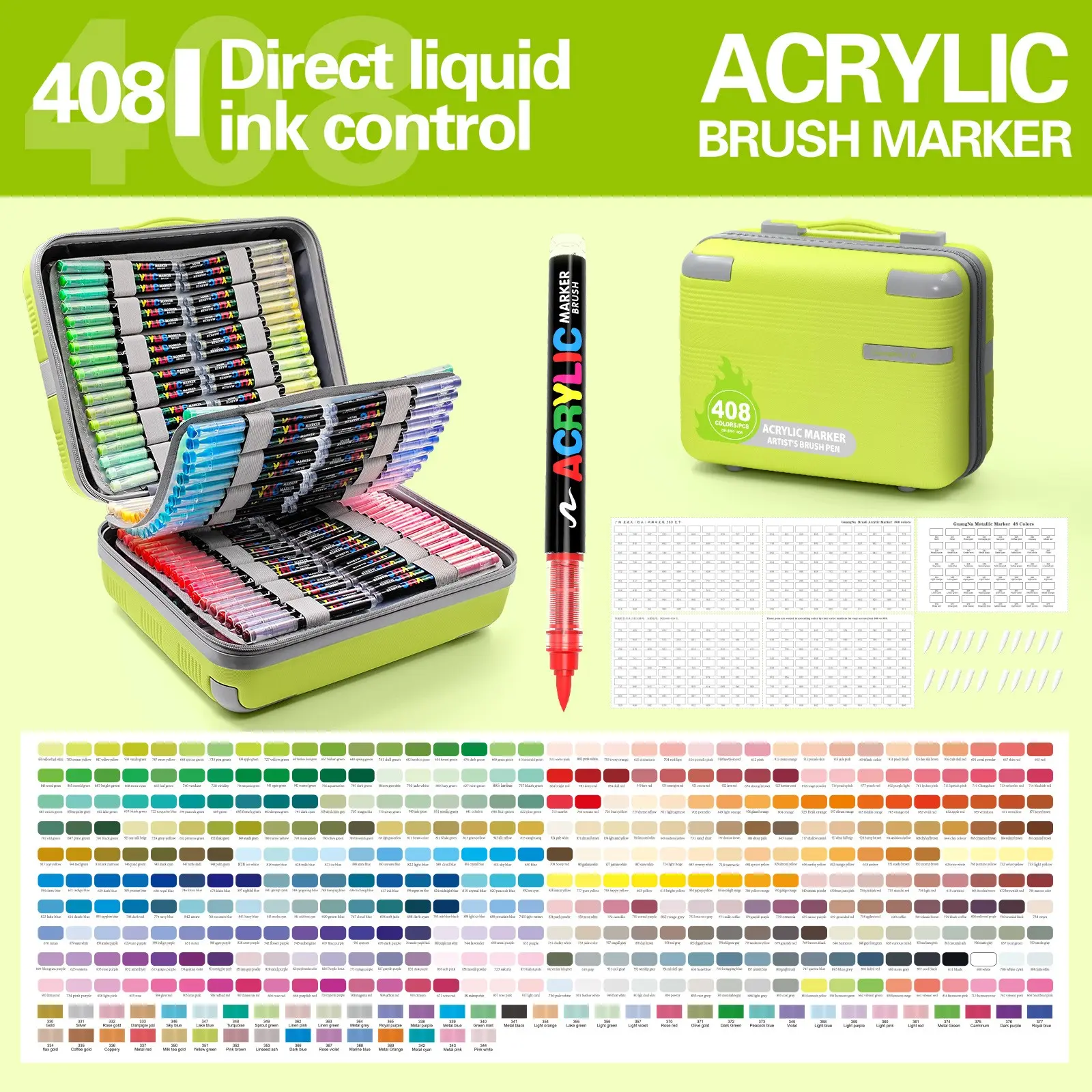 Guangna Acrylic Marker Pens, 408 Colors, Portable Case, Soft Tip, Auto Ink System, Ideal for Art, DIY, Canvas, Wood, Glass, Fabric, Back-To-School Season
