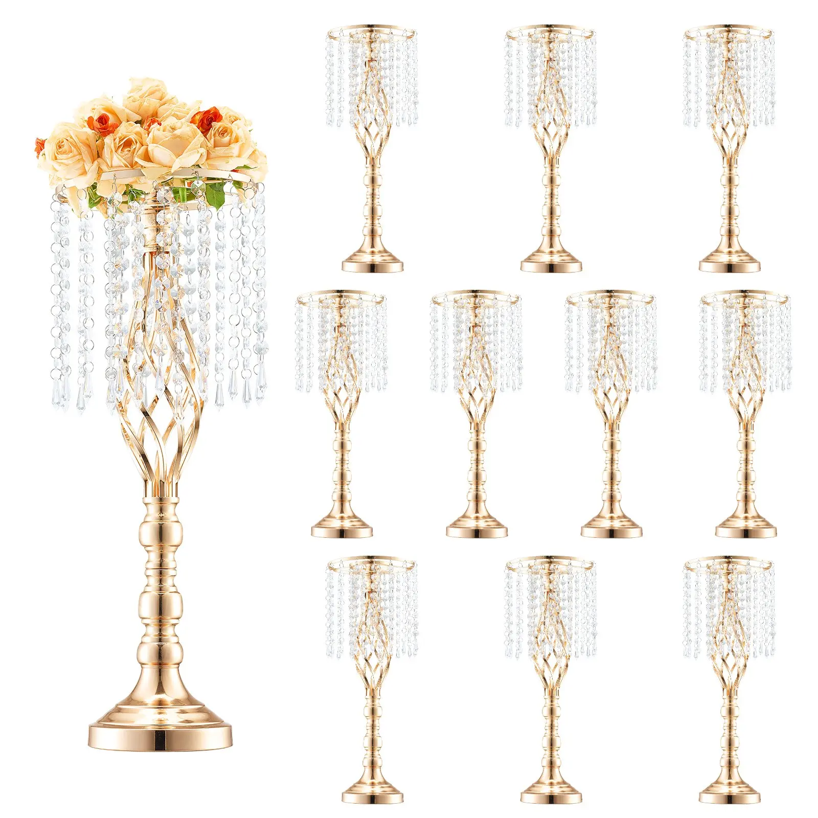 VEVOR 10PCS 55cm/21.65" Tall Crystal Wedding Flower Stand, Metal Wedding Centerpiece Vase, Gold Flower Holders Floral Display Rack for Tables Wedding Dinner Party, Ceremony Birthday Event Decor