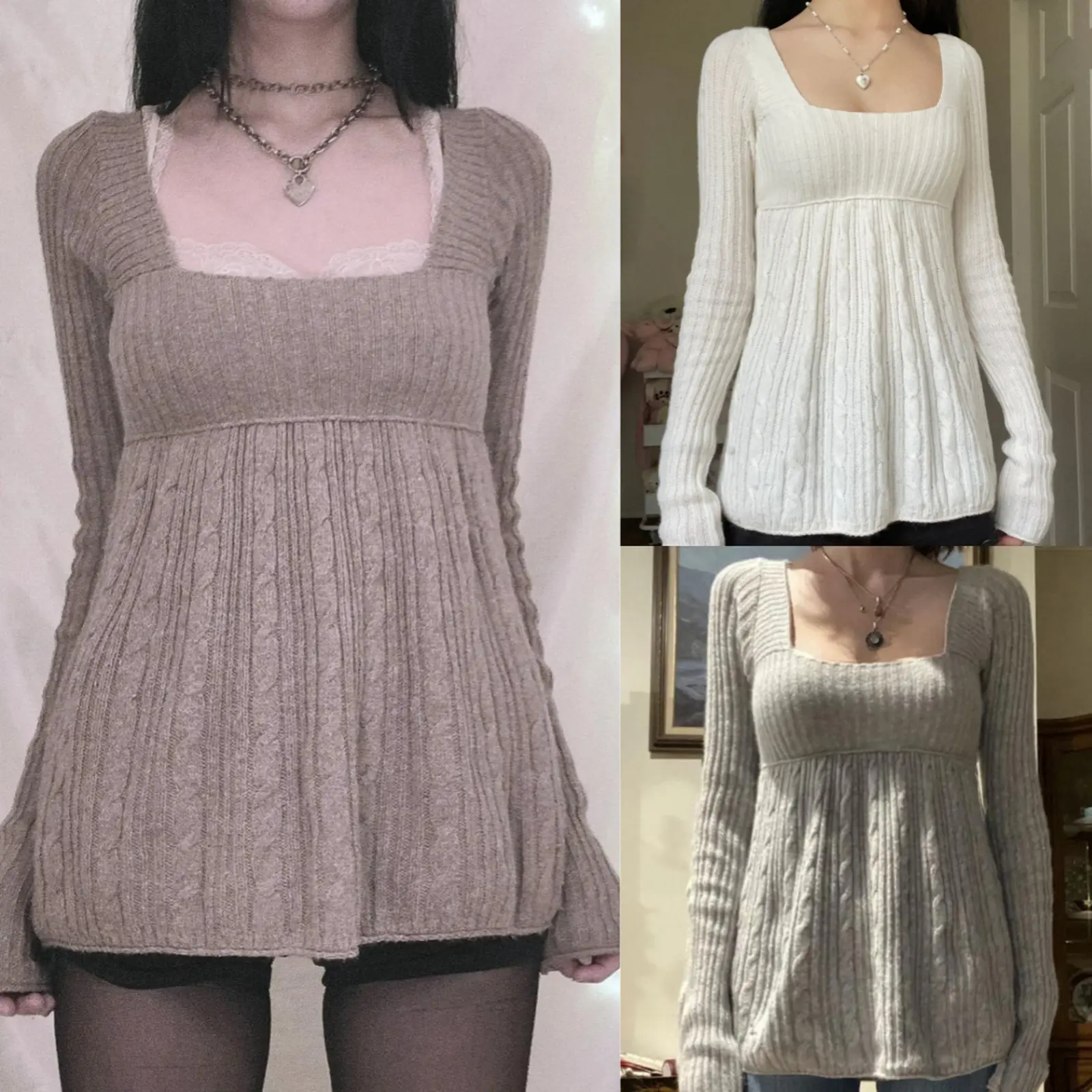 Women's Chic Cotton Square Neck Long Sleeve Lightweight Fit Knit Top - Casual Babydoll Bridal Fall Winter Sweater, Denim