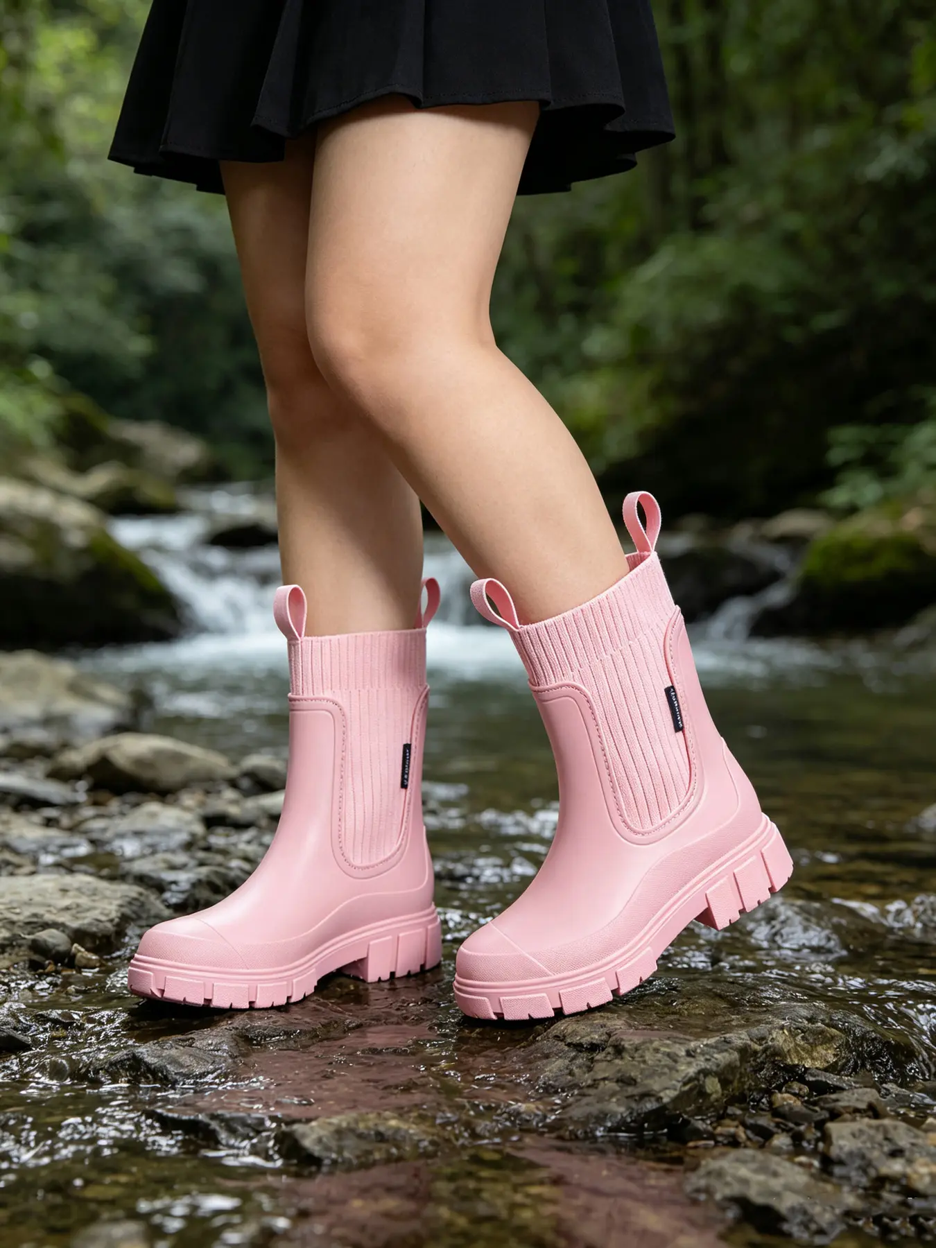 2026 New Women's Mid-Calf Rain Boots, Thick Sole Elastic Knit Waterproof Shoes, Anti-Slip Height-Increasing Rain Boots, Non Slip Boots, Sizes 36-43