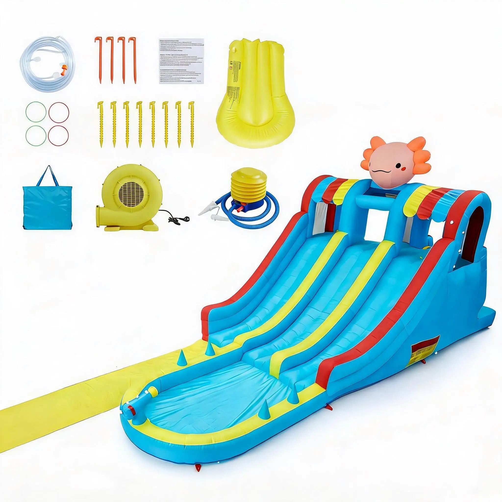 27FT Inflatable Water Slide for Kids – 8-in-1 Dual Slides, Climbing Wall, Water Cannons, Pool, Ring Toss, 610W Blower, Axolotl Theme, Outdoor & Backyard Use