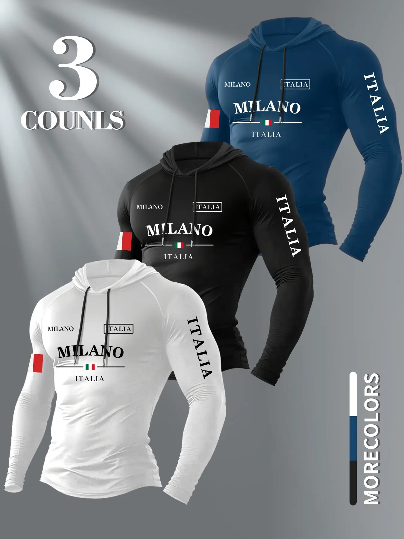 Italian Milano ITALIA Flag Print Compression Tops Athletic Sportswear Hooded Long Sleeve 3 Pack, Stretch Quick Dry Fitted Gym Base Hoodie